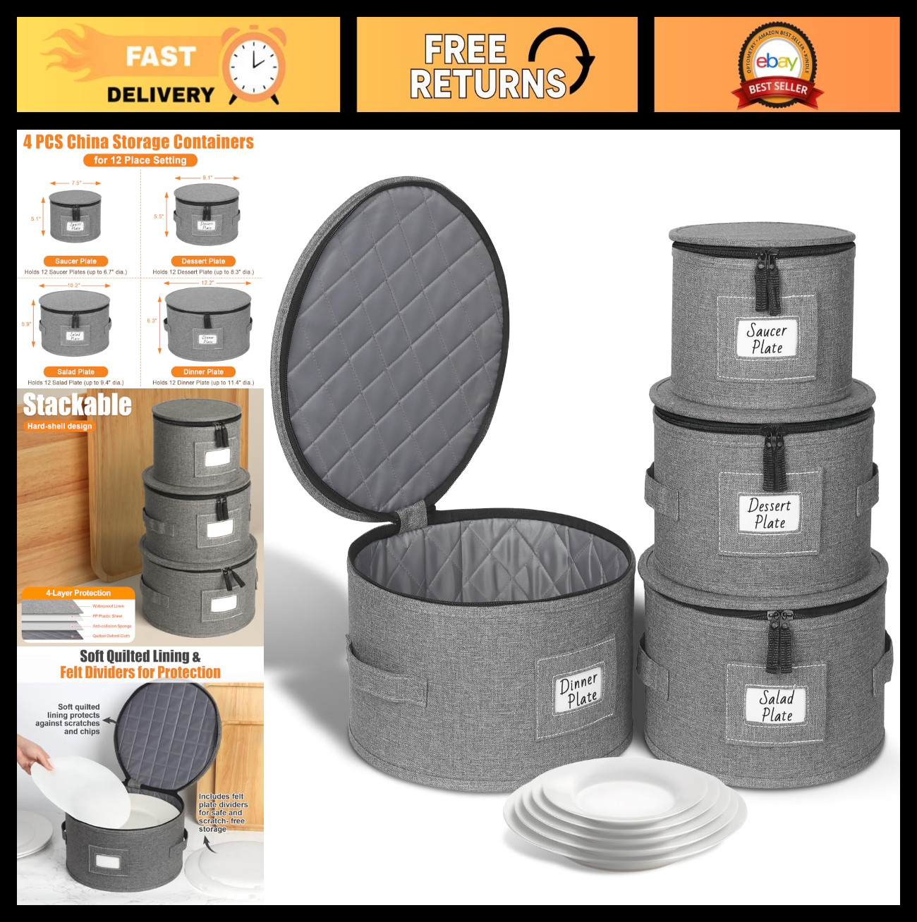 4PCS Hard Shell Dish Storage Containers with Felt Dividers – Stackable Plate Box