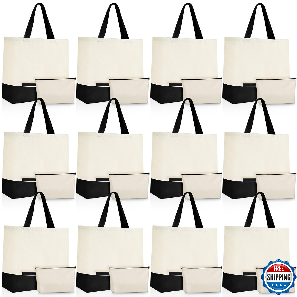 Sanwuta 24 Pcs Canvas Tote Bags Bulk with Zipper Cosmetic Bags 18.5″ Cotton Canv