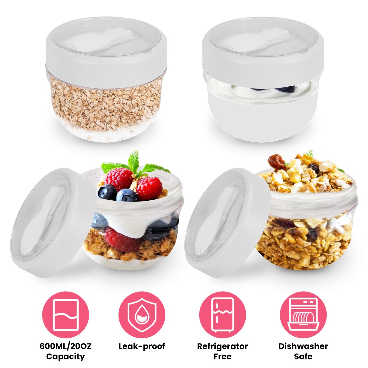 4PC 600ML Salad cup Overnight Oatmeal cup with Lids & Spoons Leak-proof Oats Jar