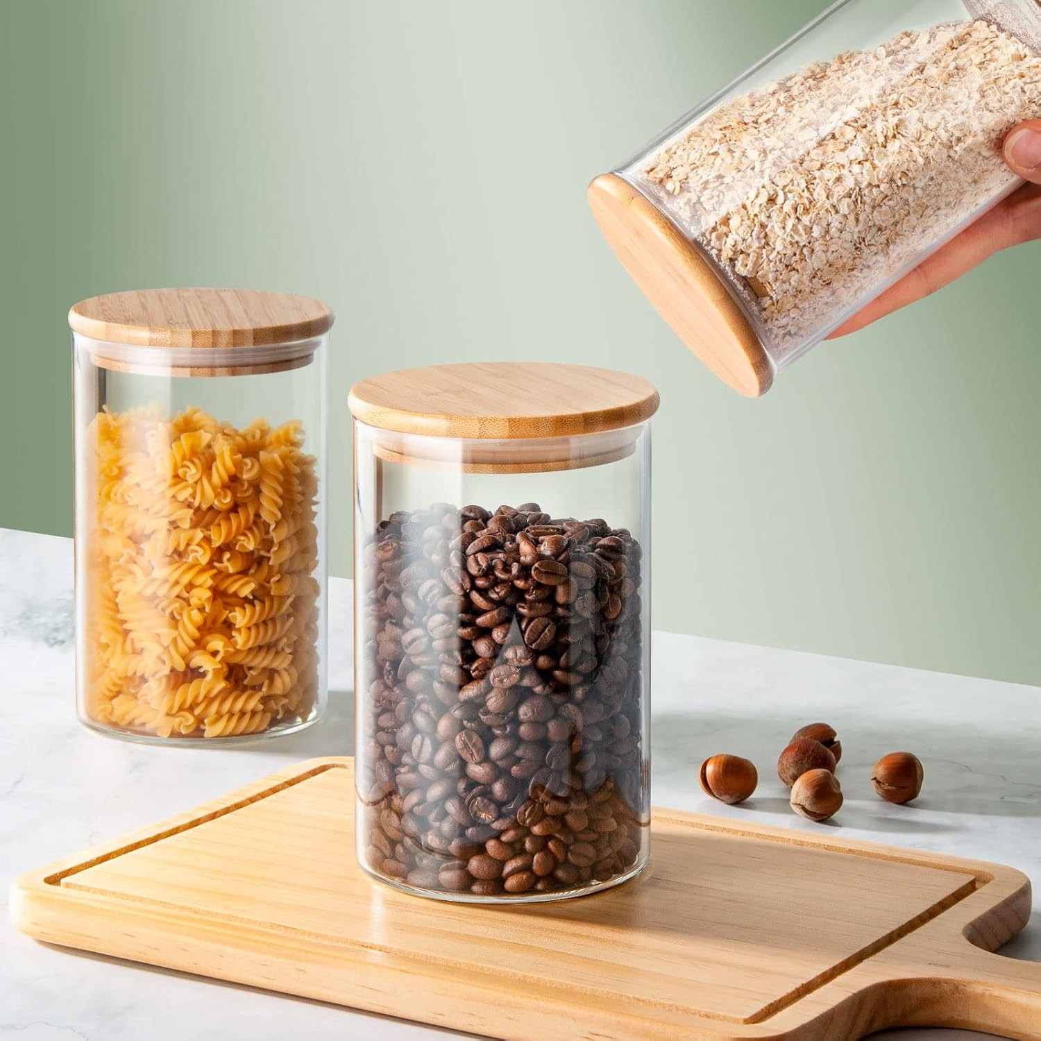 32 FL Oz Glass Jars with Bamboo Lid Set, 4Pack UPGRADE Thick Glass Pantry