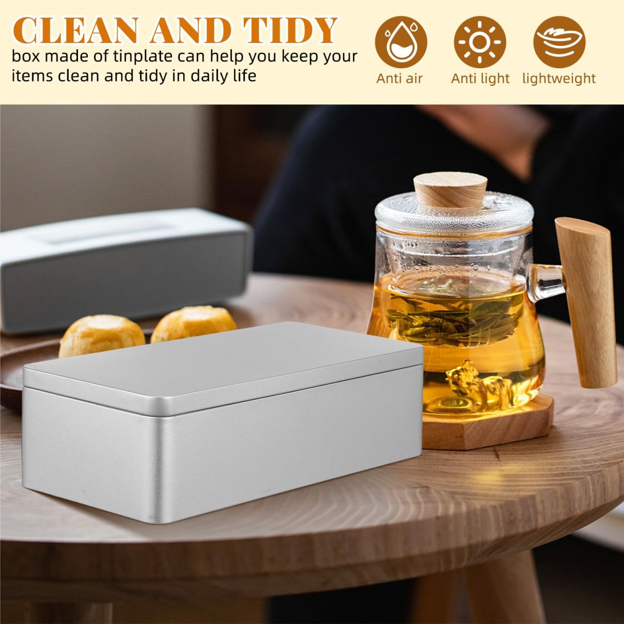 Rectangular Tin Box with Lid 9.25X4.33X2.55In Silver Tinplate Tea Leaves Cani…