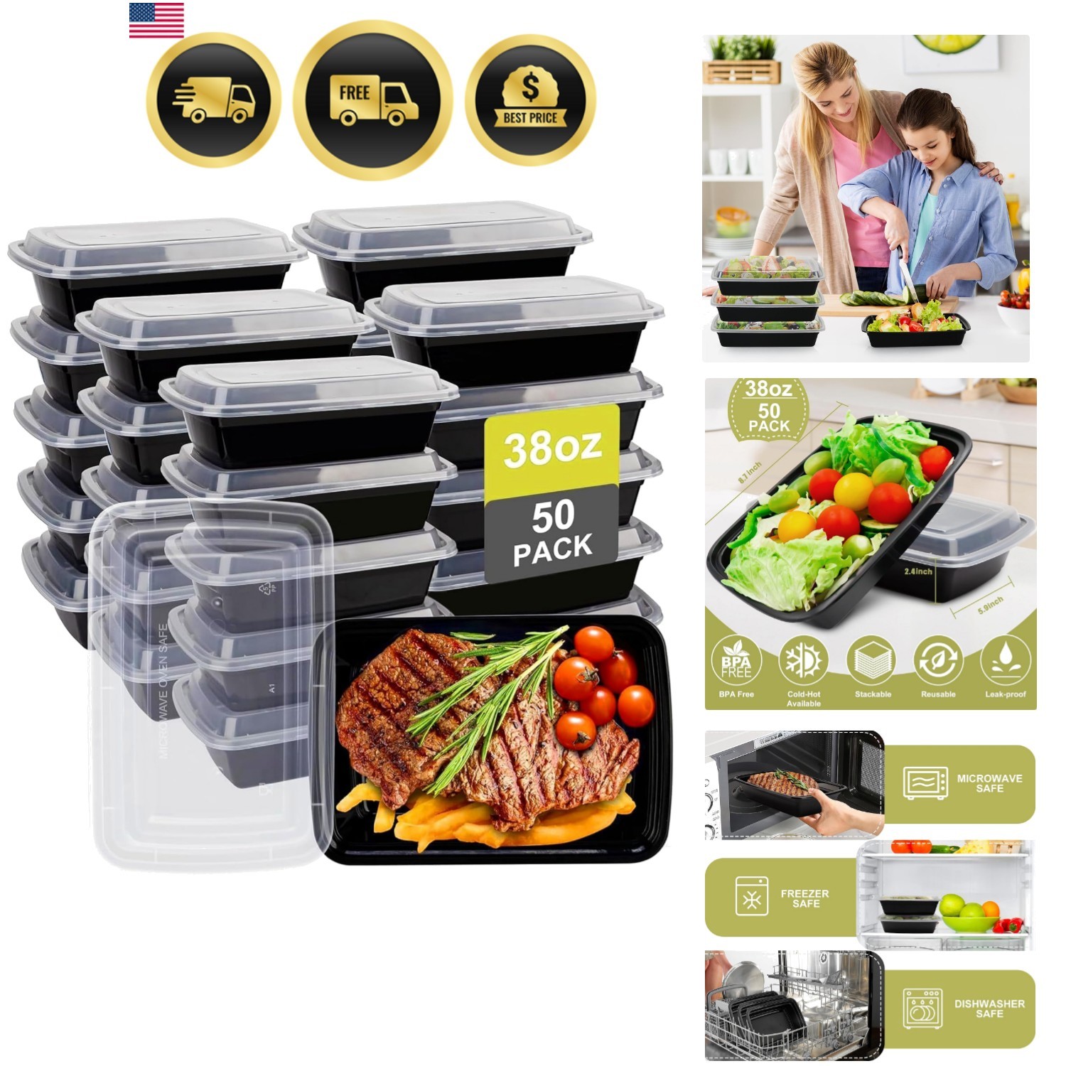 Meal Prep Containers 38oz 50 Pack Plastic To Go Food Containers, Disposable T…