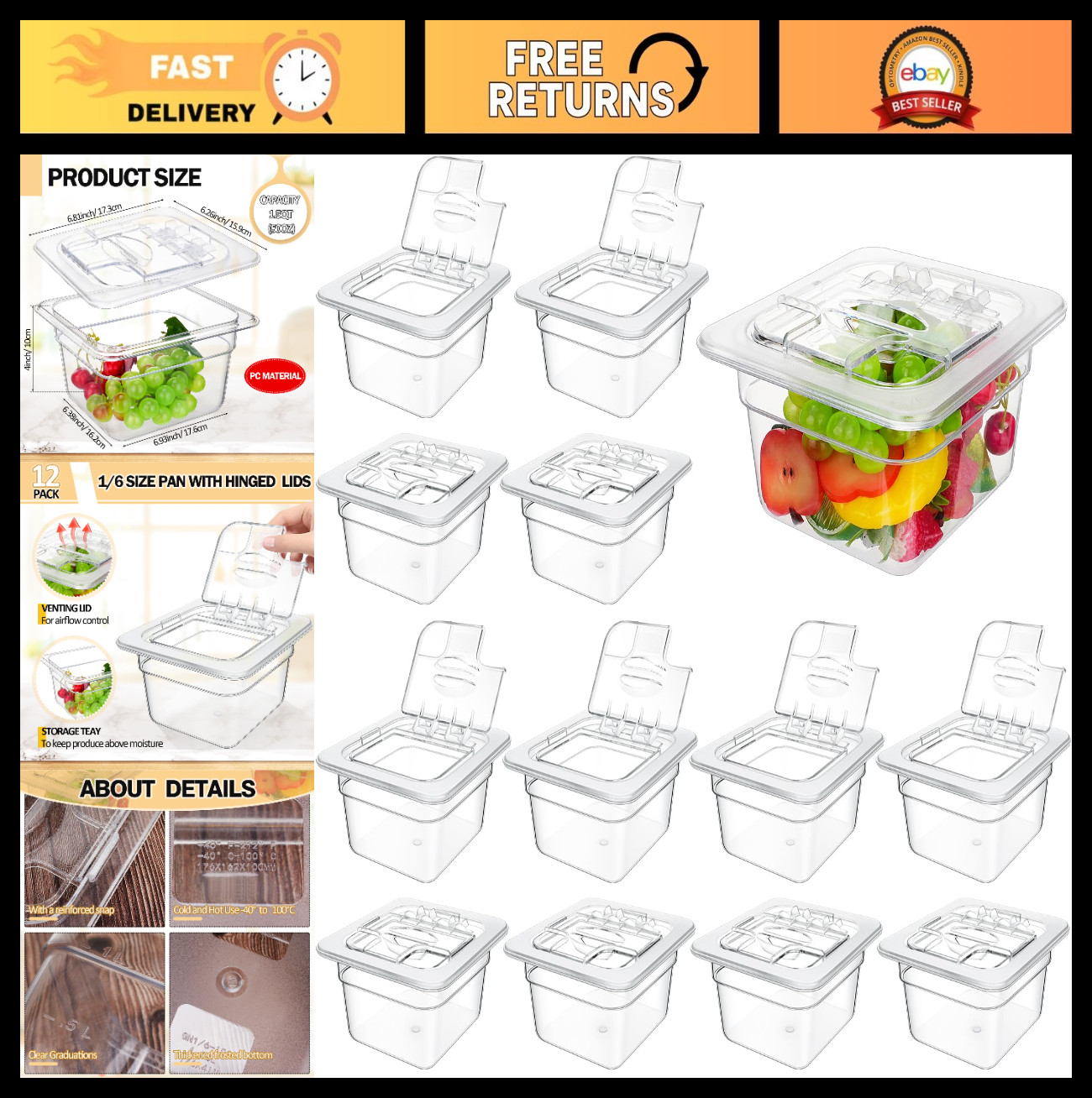 12 Pack 4″ Deep Stackable Polycarbonate Food Storage Containers with Hinged Lids