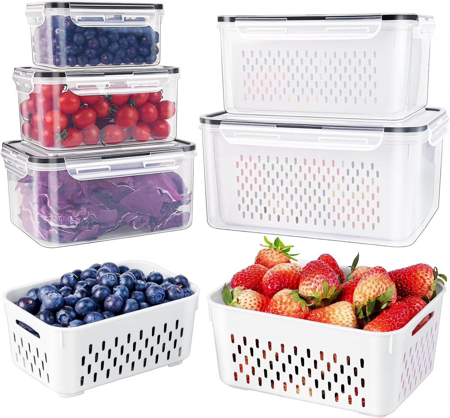 5PCS Large Fruit Containers for Fridge Leakproof Food Storage Removable Colander