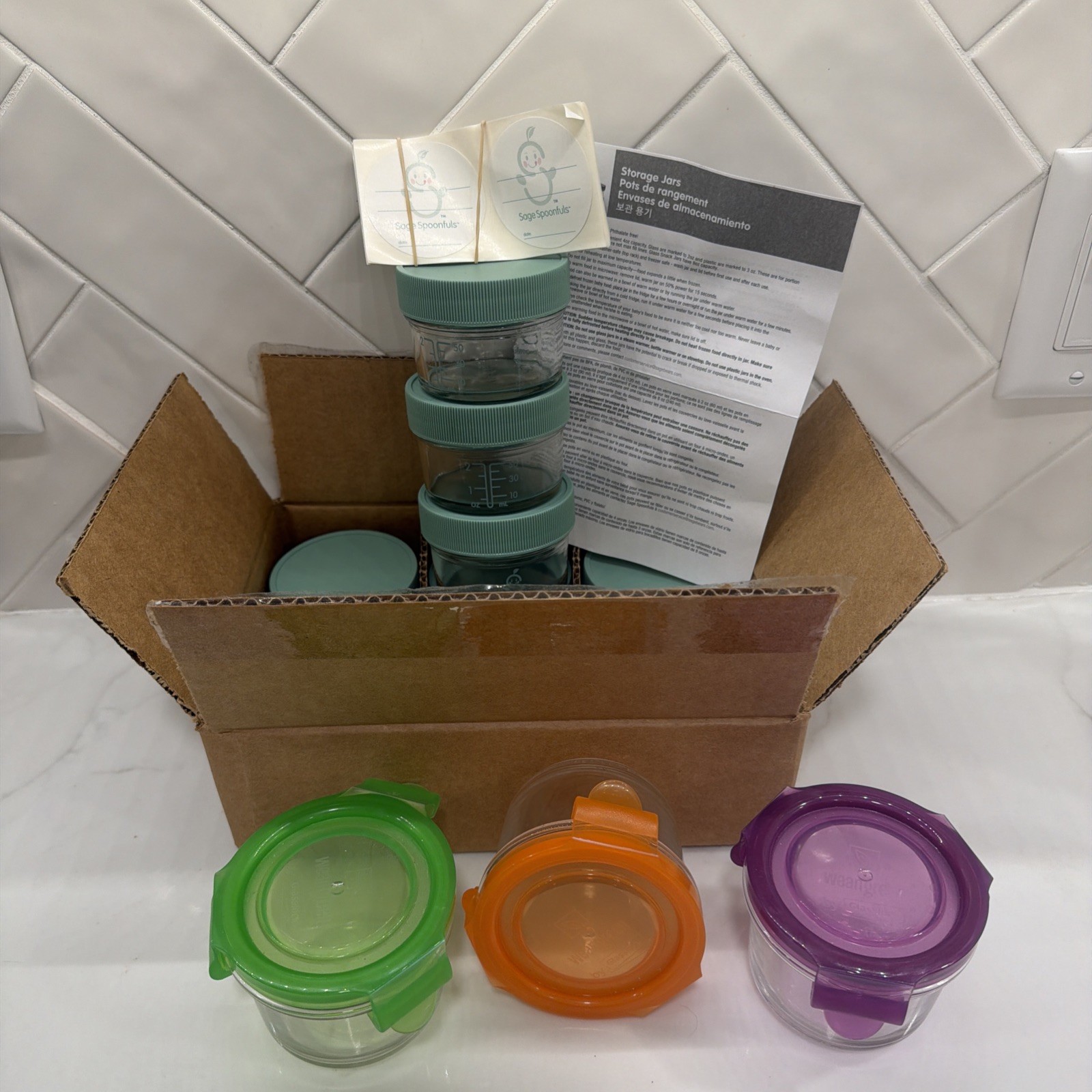 9 Sage Spoonfuls Glass Baby Food Jars W/ Lids & 3 Weangreens 12 Total Jars