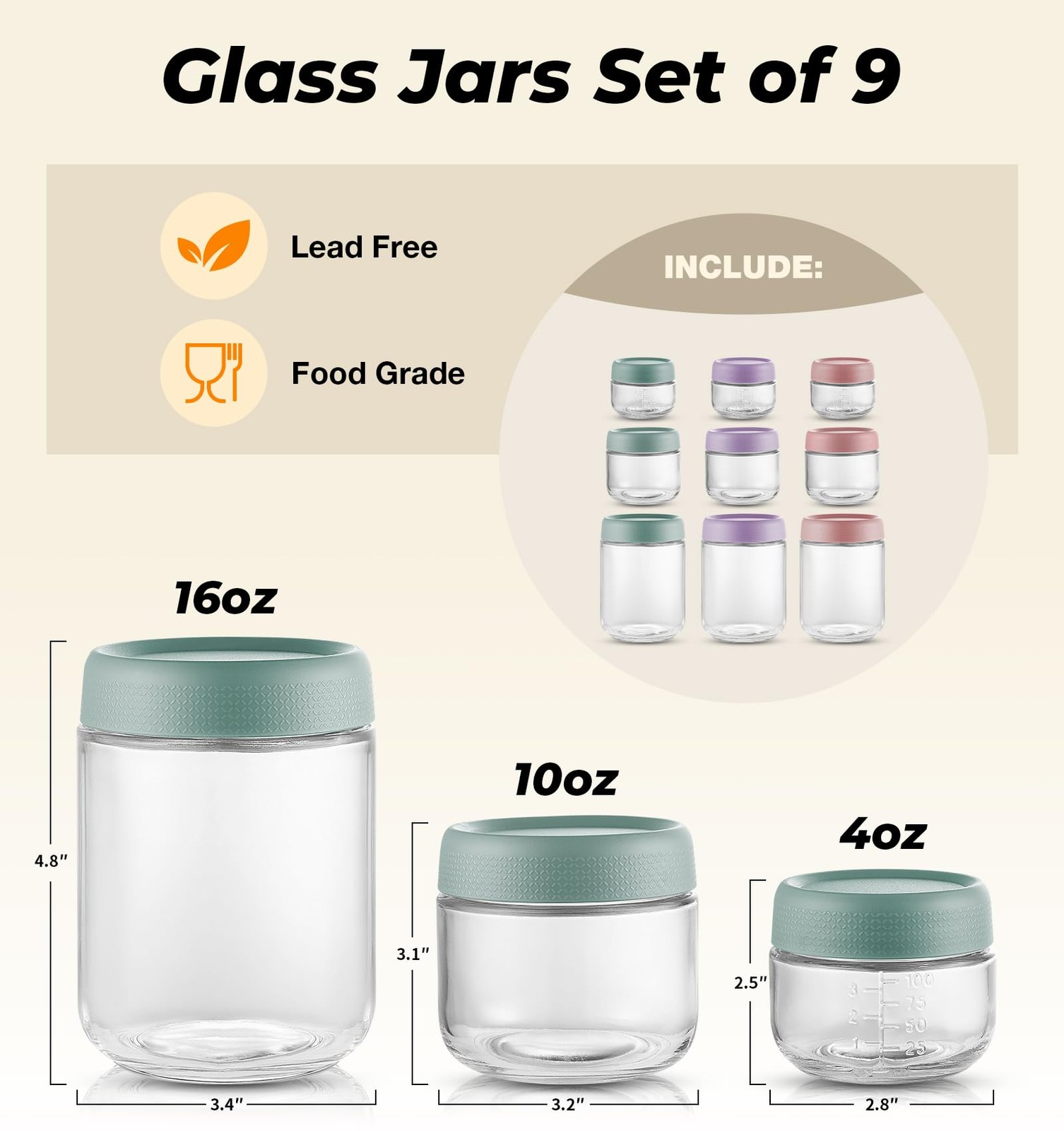 9 Pack Overnight Oats Containers with Lids, Large & Small Glass Mason Jars 16…