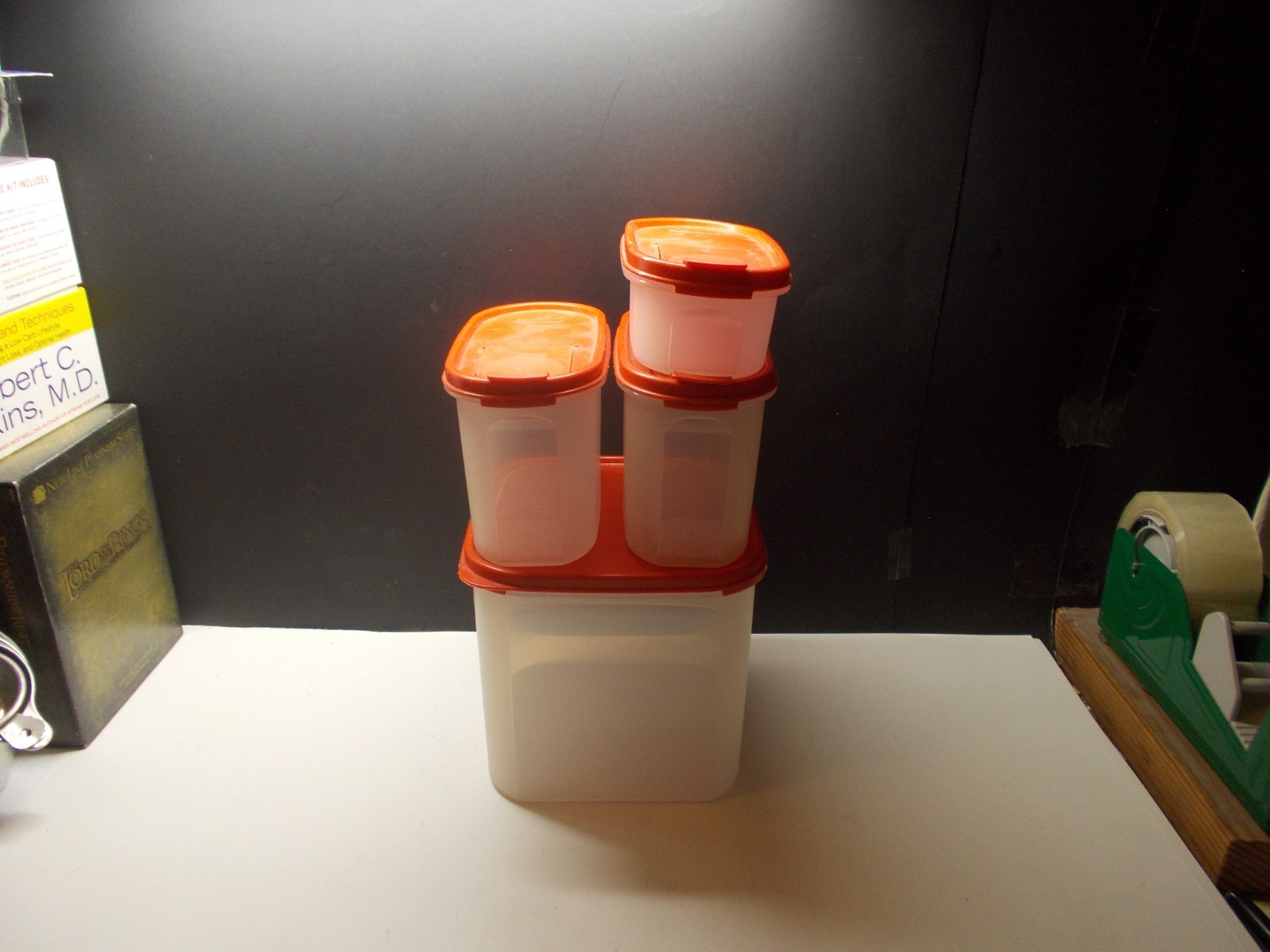 4 Vintage Tupperware Modular Mates 1521 1612 1611 Sheer with Red Pour Spout Lids