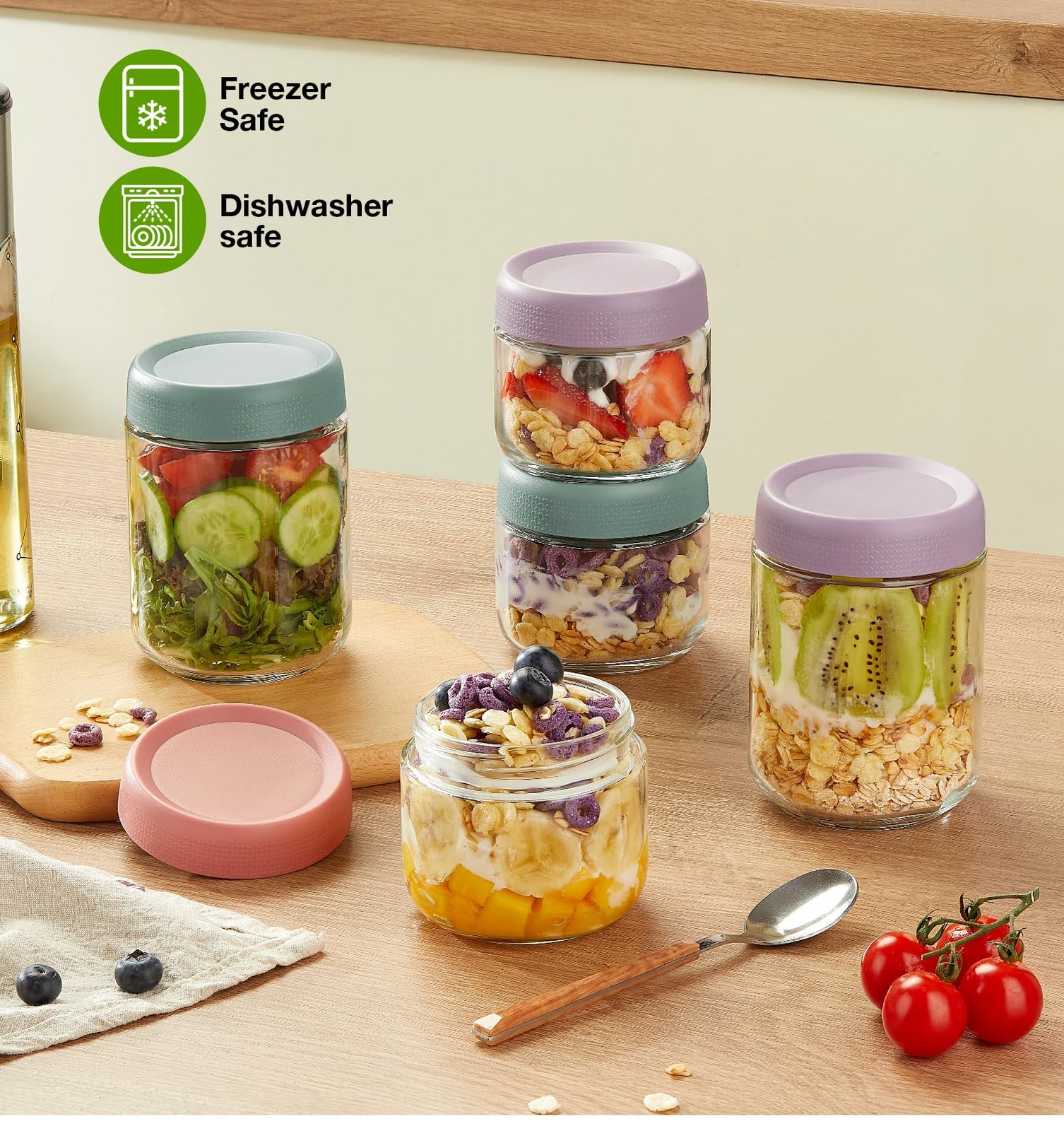 9 Pack Overnight Oats Containers with Lids, Large & Small Glass Mason Jars 16…