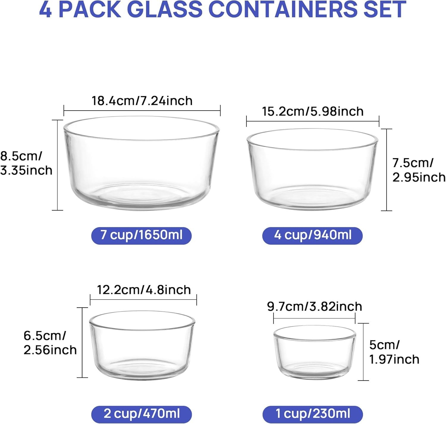 Vtopmart 4 Pack Glass Bowls with Lids (1, 2, 4, 7 Cup), Food Storage Containers
