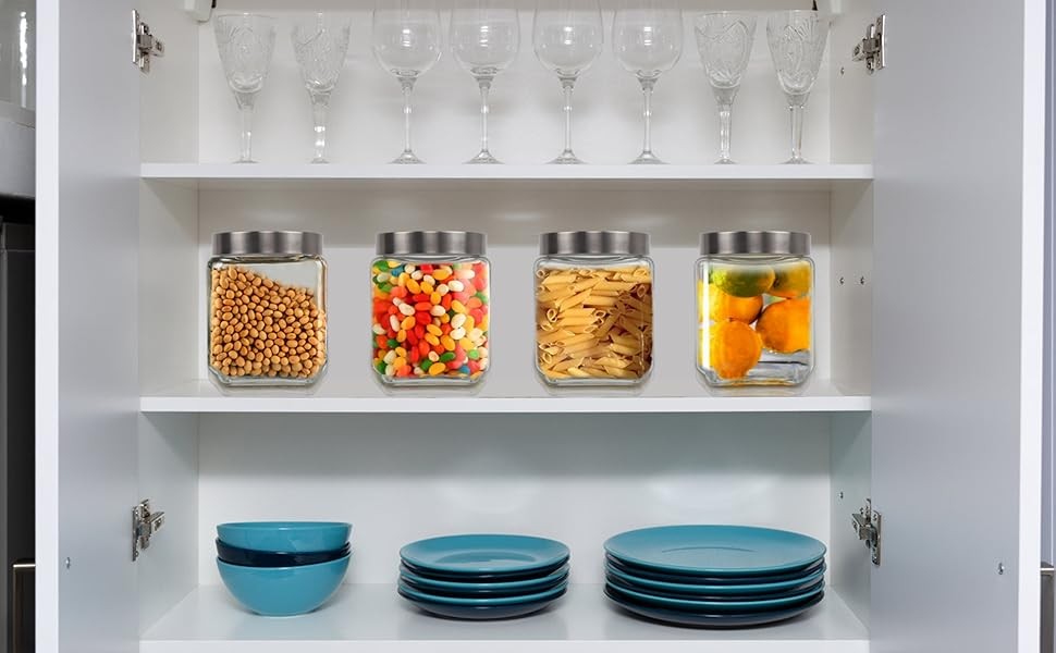 37 oz Square Glass Jars with Lids, 4 Pack Glass Canisters with Metal Lids, Clear