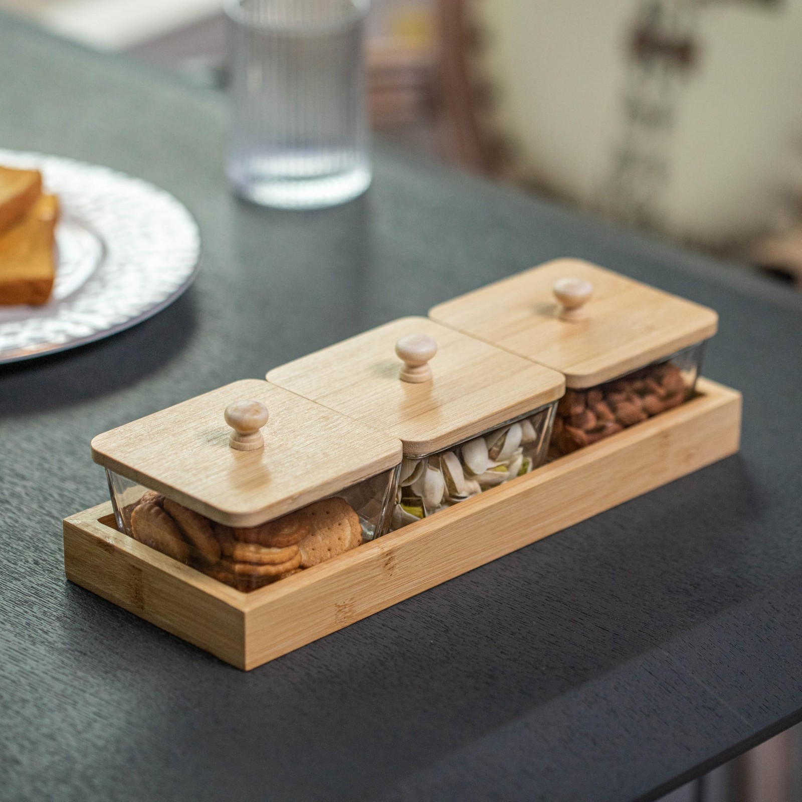 Set of 3 Square Glass Jars with Bamboo Lids and Wooden Tray – Rectangular Cha…