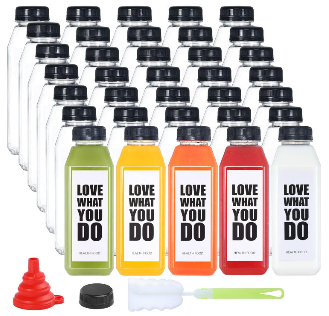 35 botellas 16oz con tapa segura, envases reutilizables jugo y leche