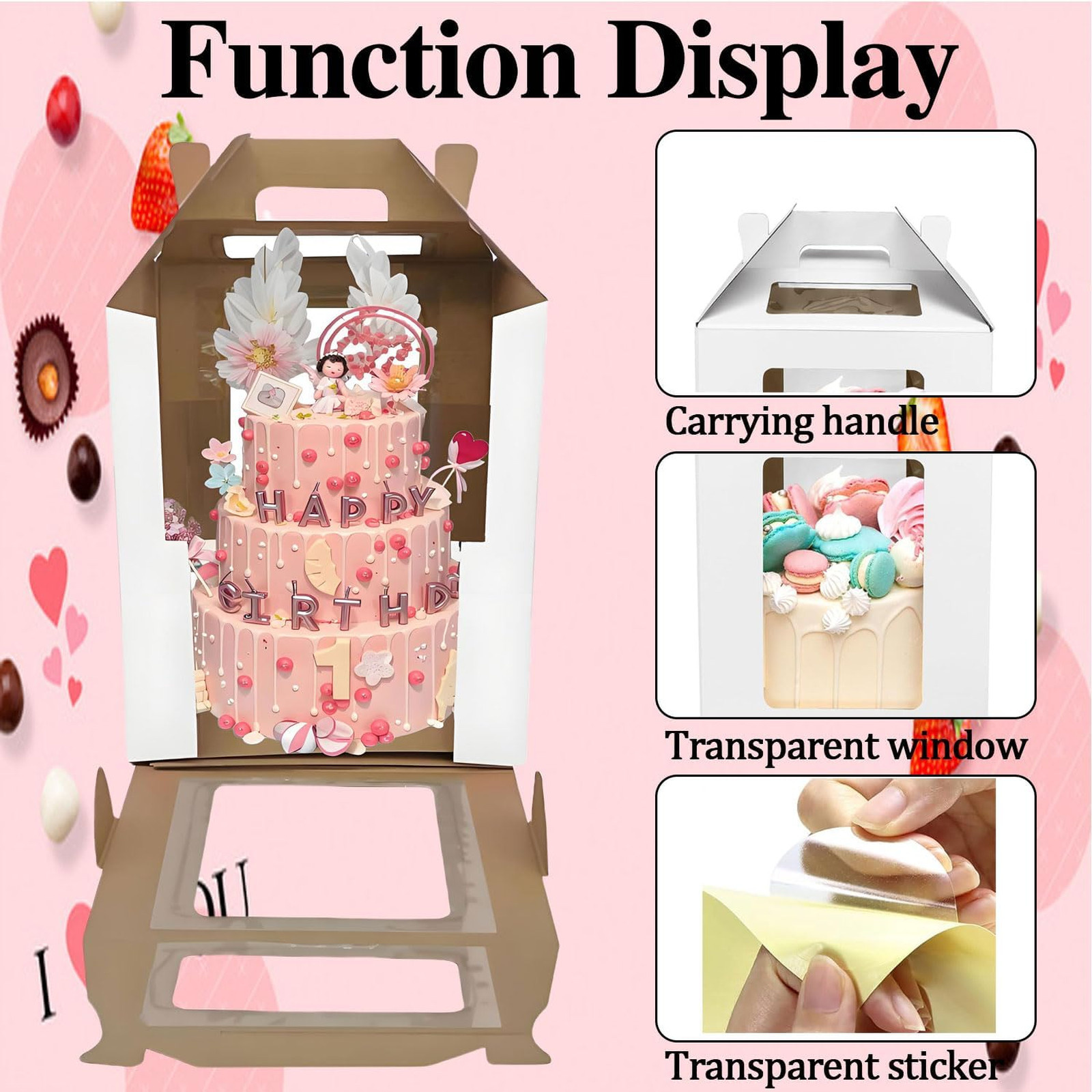 Tall Cake Box 12x12x14 Inch Disposable Layer Carrier with Window Handle for
