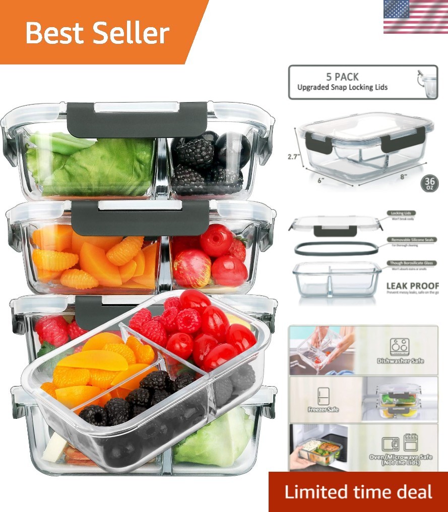 5-Pack 36 oz Glass Meal Prep Containers – Airtight, Microwave Safe & Stackable