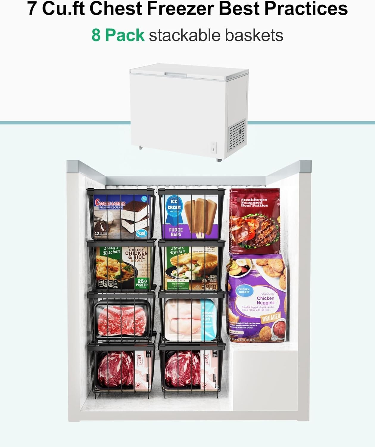 Deep Freezer Organizer Bins – Stackable Chest Freezer Organizer – 4 Pack, Black