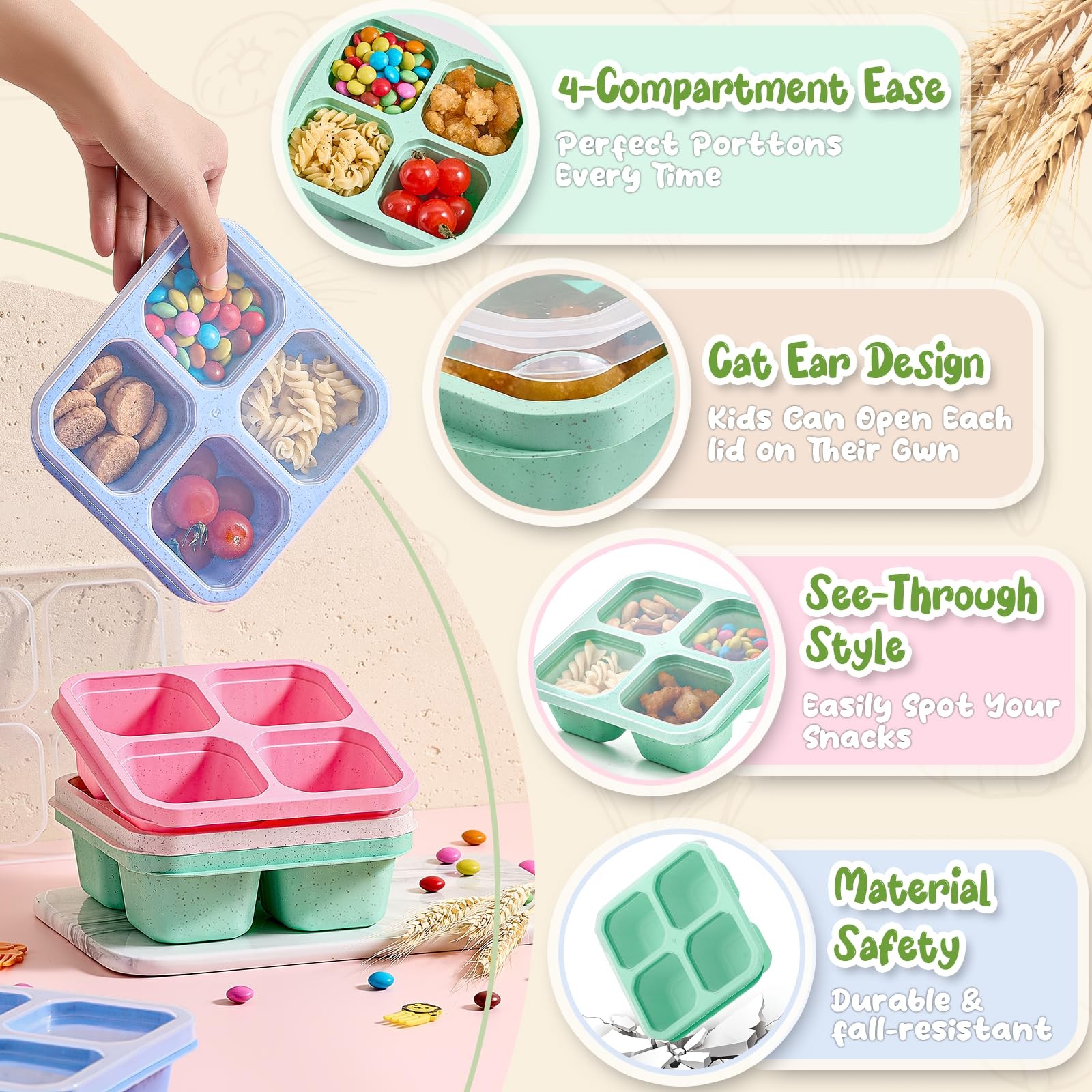 Bento Snack Boxes 4 Pack, Boxes, Wheat (Green/Blue/Pink/Beige)