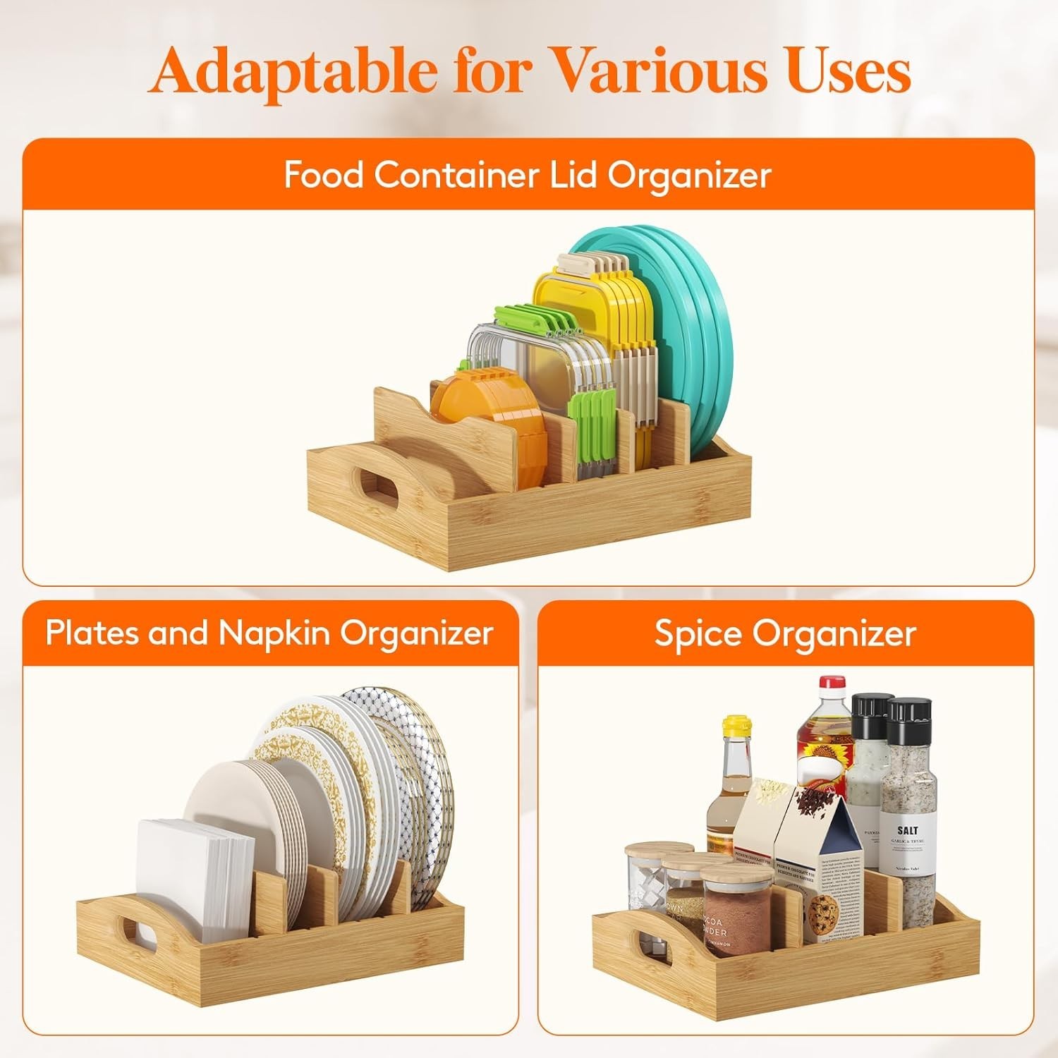 Bamboo Lid Organizers Inside Cabinet Food Storage Container Lid Holder W/ 4