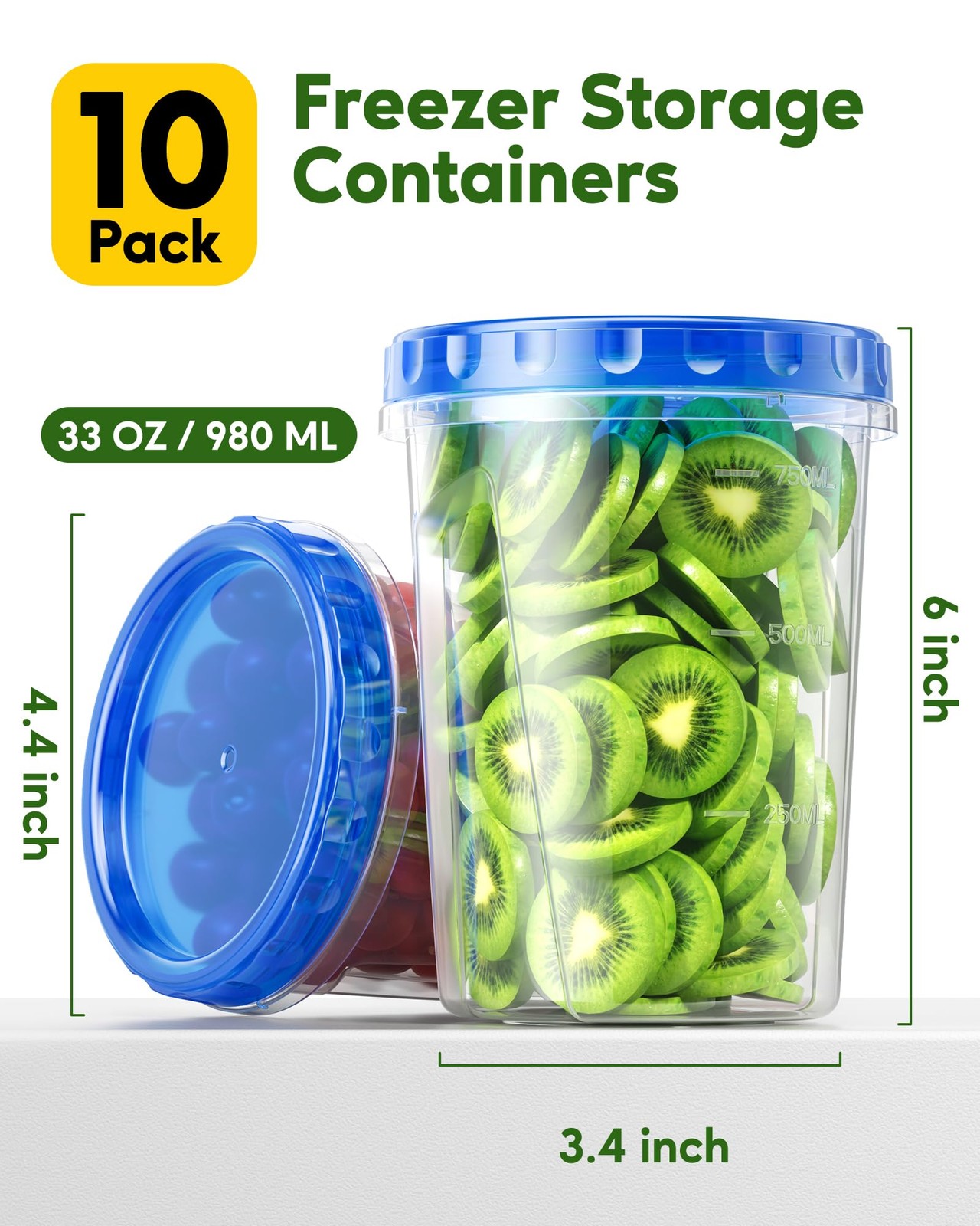 10~Pack 33oz Freezer Storage Containers, BPA Free Stackable with Lids