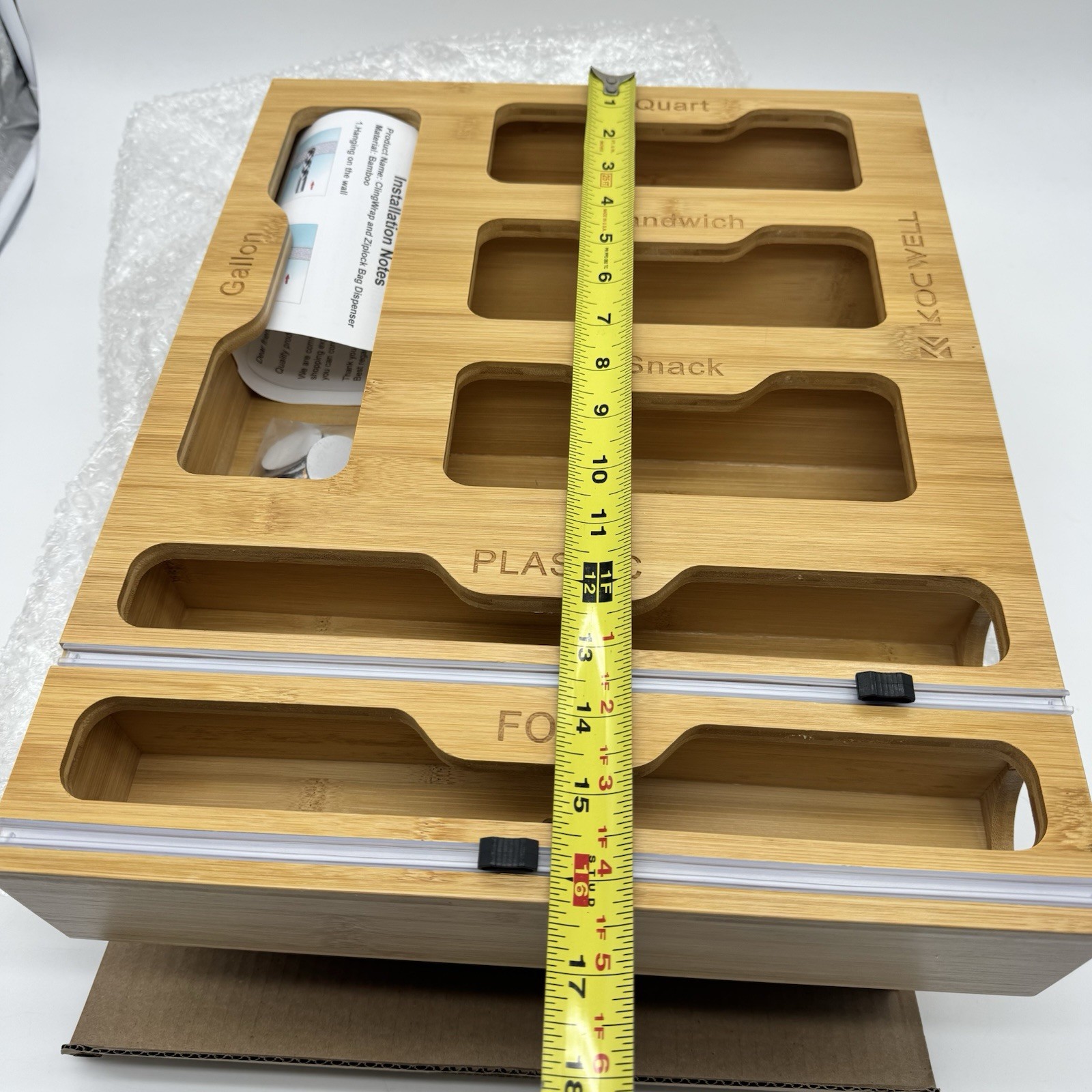KOCWELL Bag Organizer Plastic Wrap Dispenser Cutter 6 In 1 Bamboo Kitchen Drawer