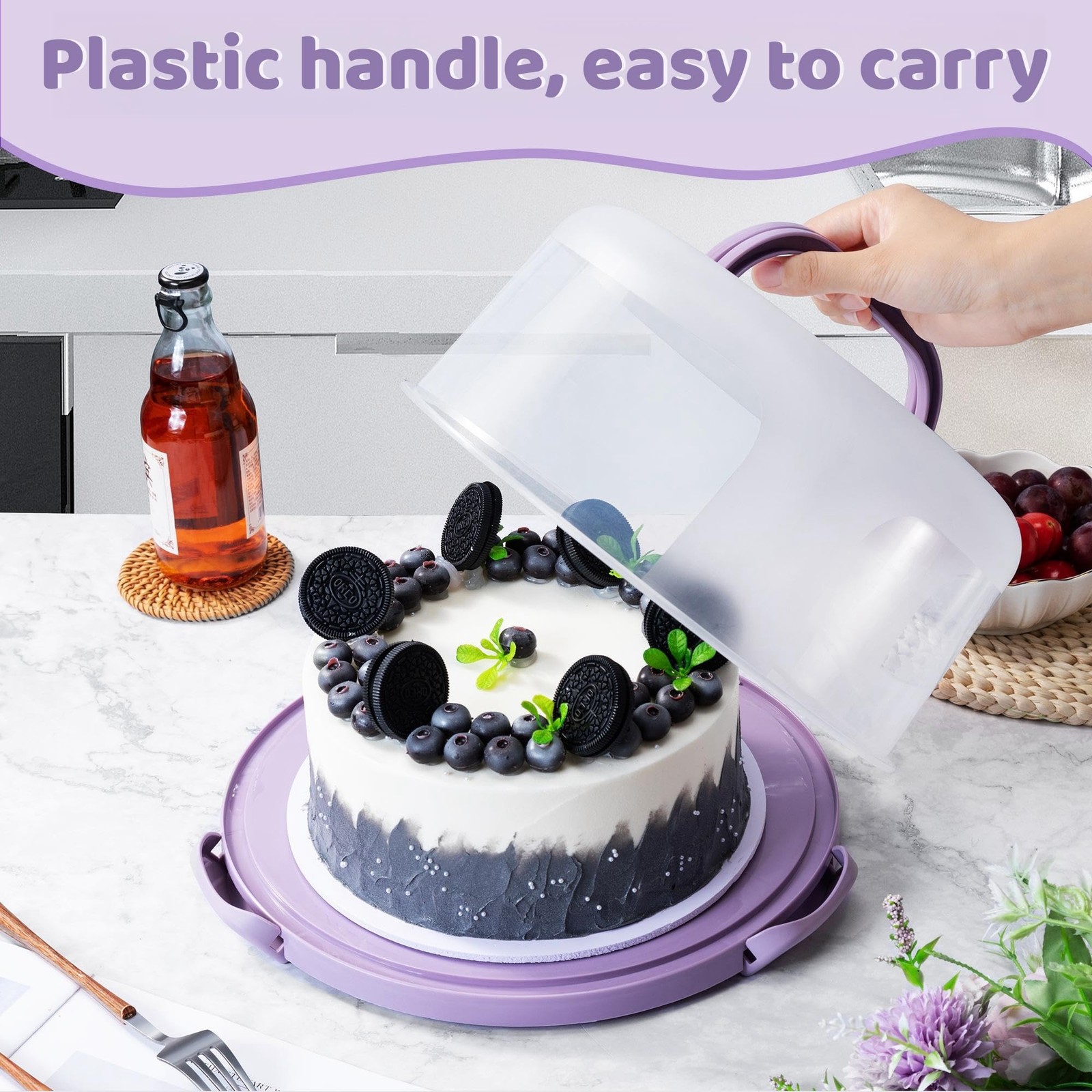 10in Plastic Cake Carrier with Handle, Round Cake Holder with Lid Pink Cake C…