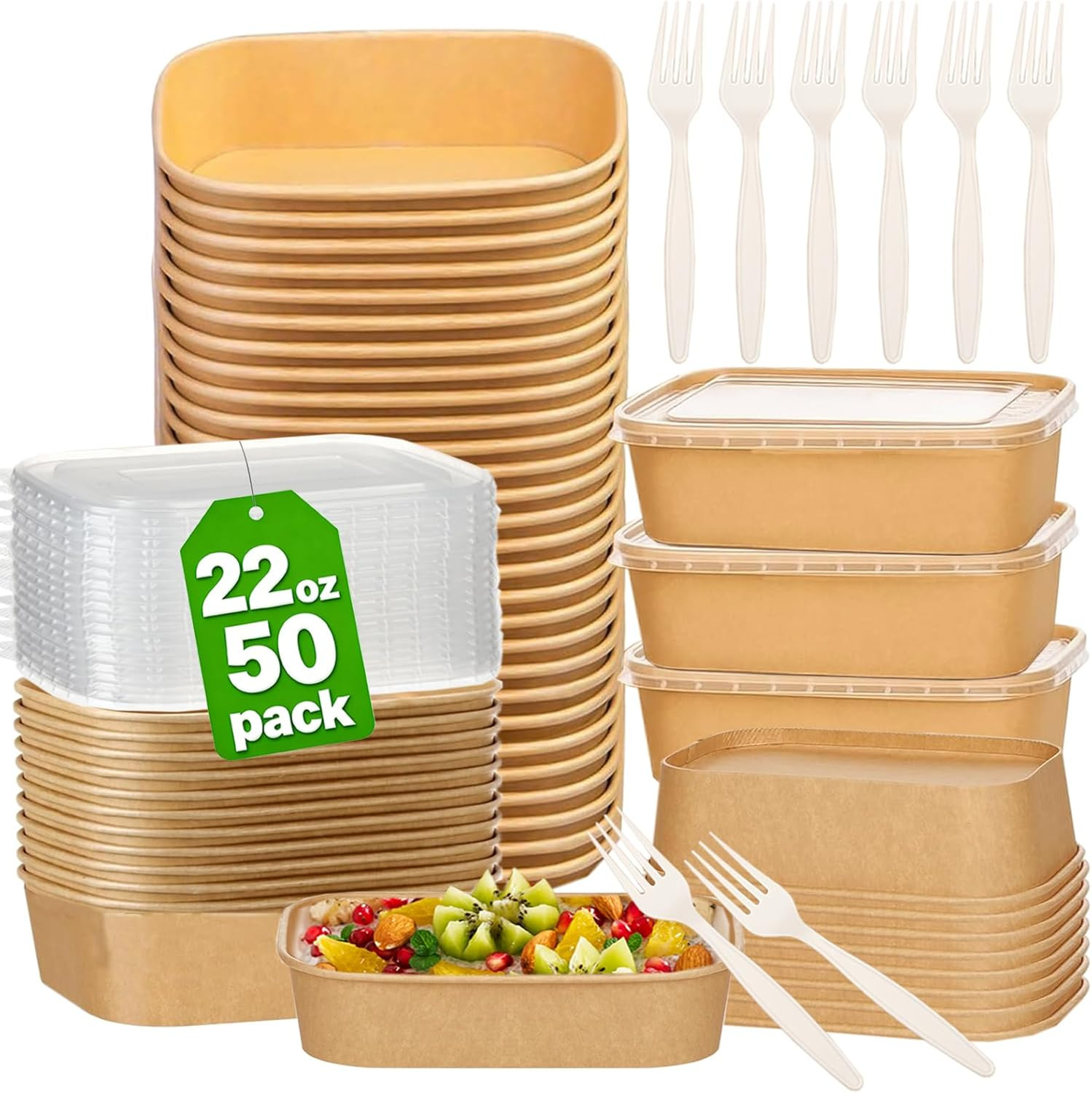 50 Pack 22Oz Disposable Meal Prep Containers with Lids and Forks-Disposable Kraf