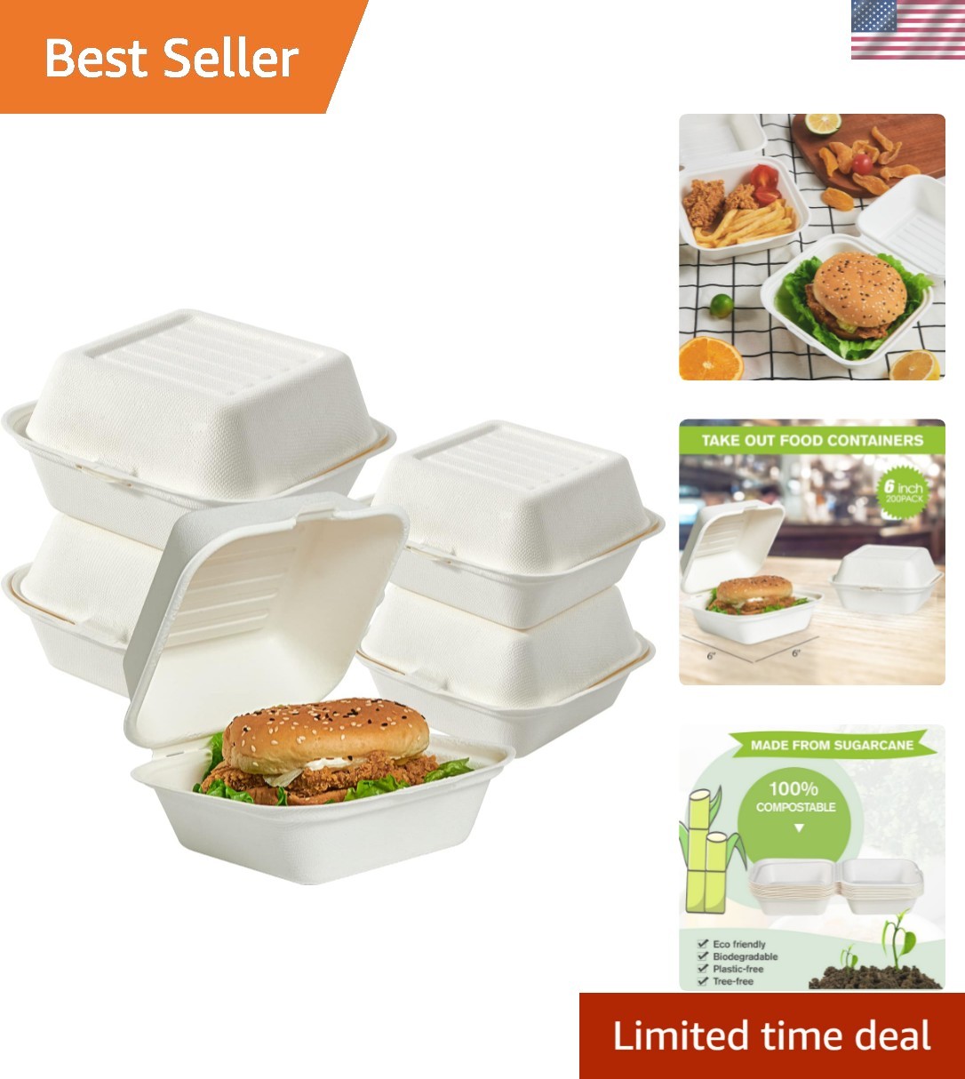 200 Pack Clamshell Take Out Food Containers, 100% Compostable Disposable To G…