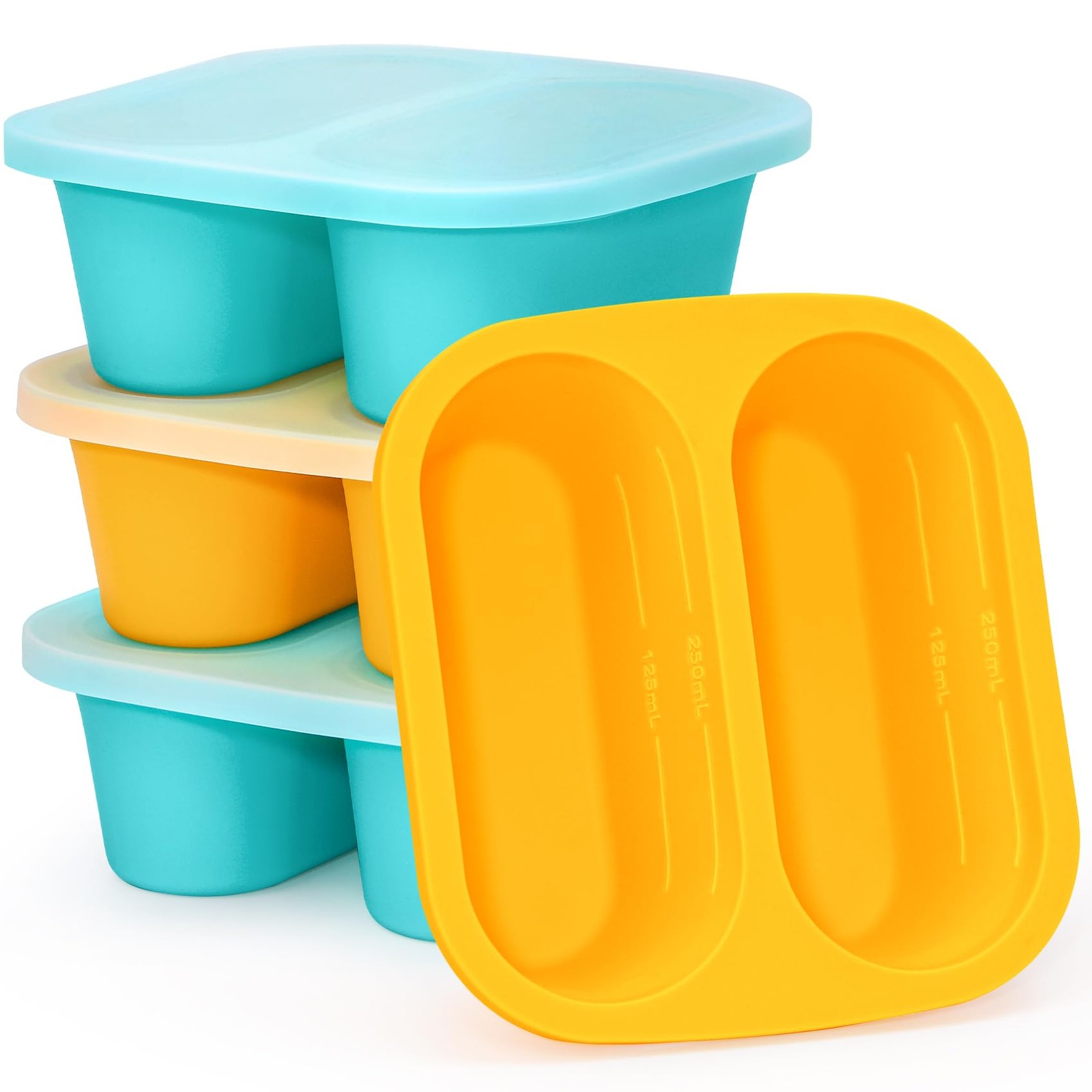 4 Pack 1-Cup Silicone Soup Freezer Molds with Lids Blue Yellow Portion Trays