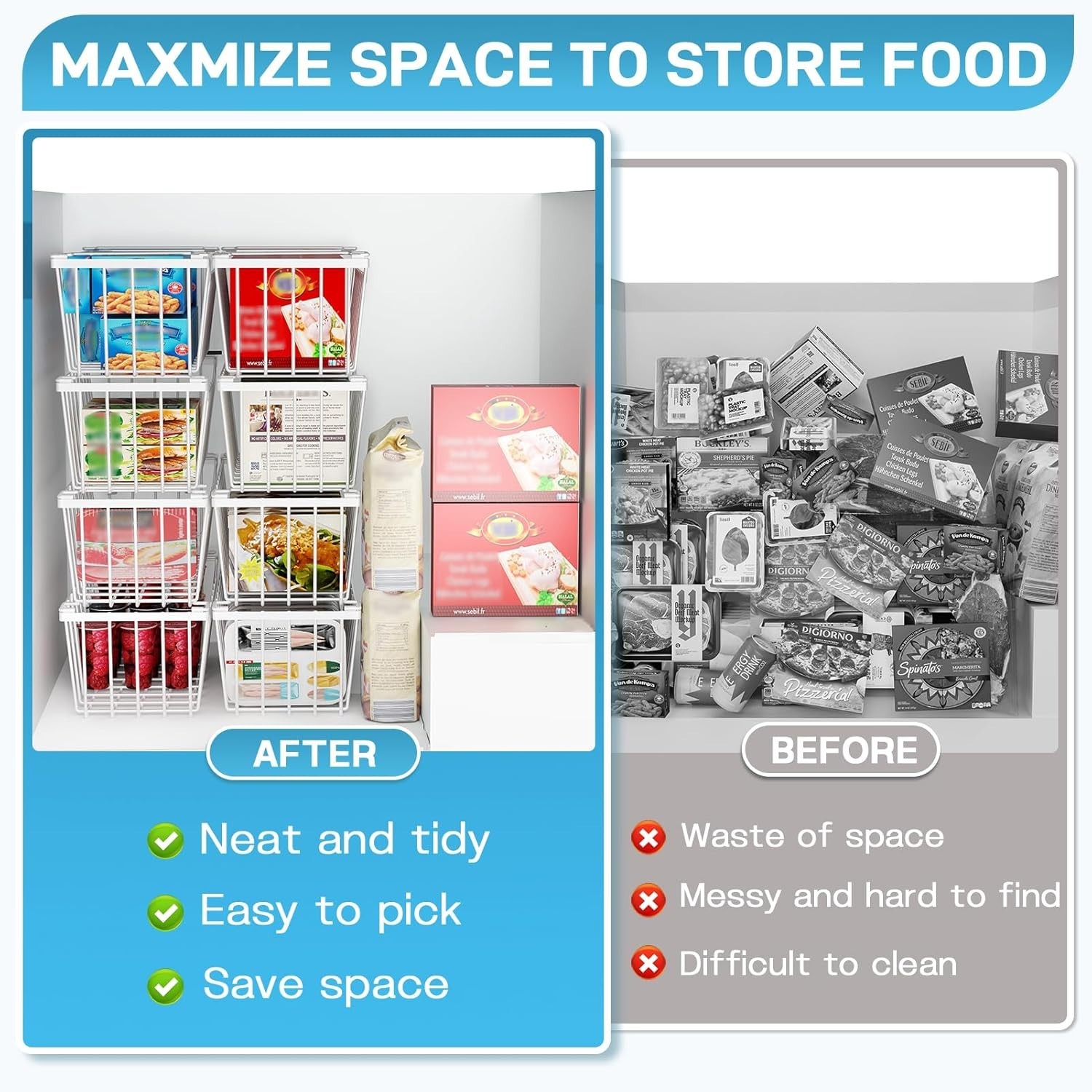 4Pk Stackable Freezer Organizer Bins for 5-7 Cu Ft Deep Freezer White