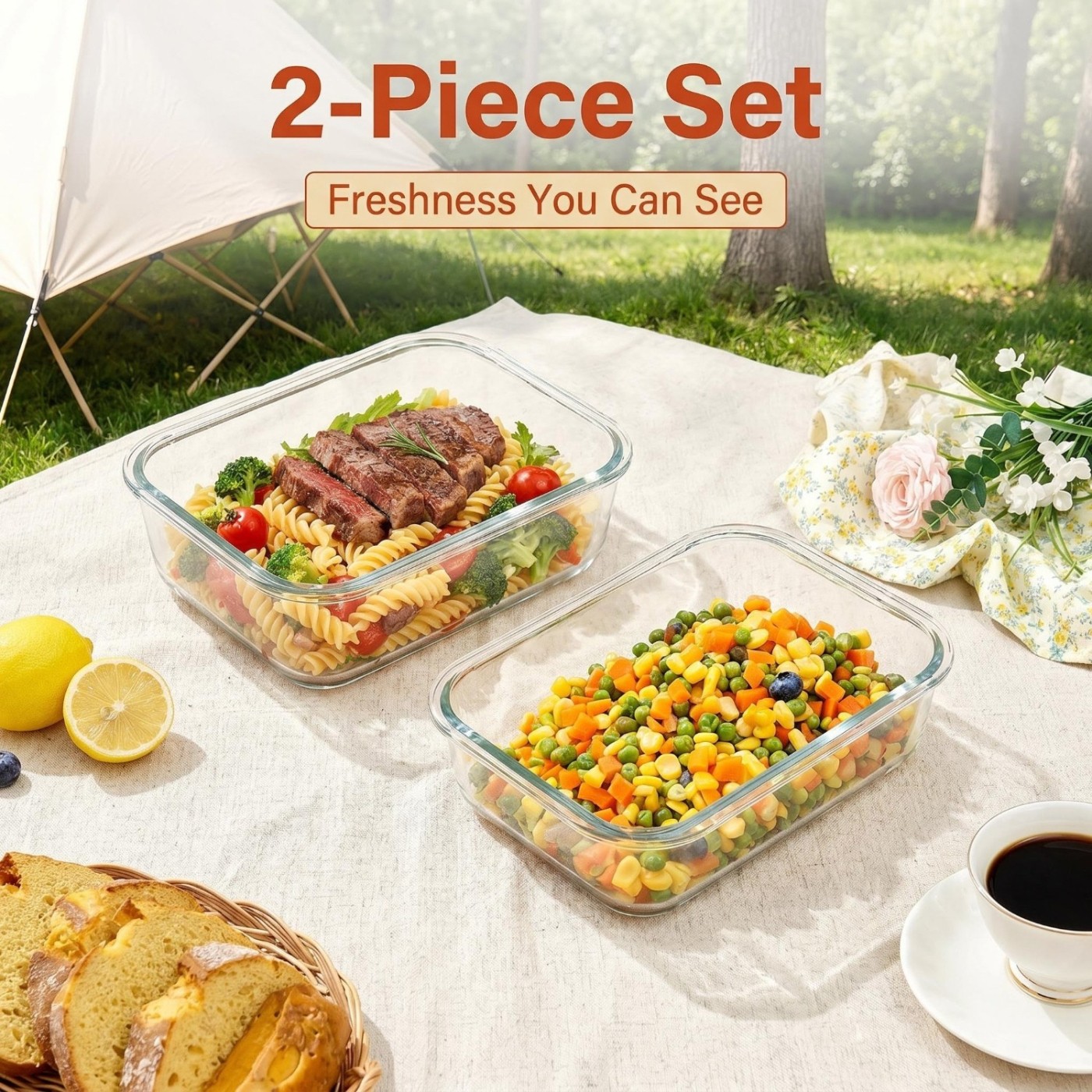 CHEFSTORY 2 Pack 1500Ml/50.7Oz Glass Storage Containers with Lids, grey