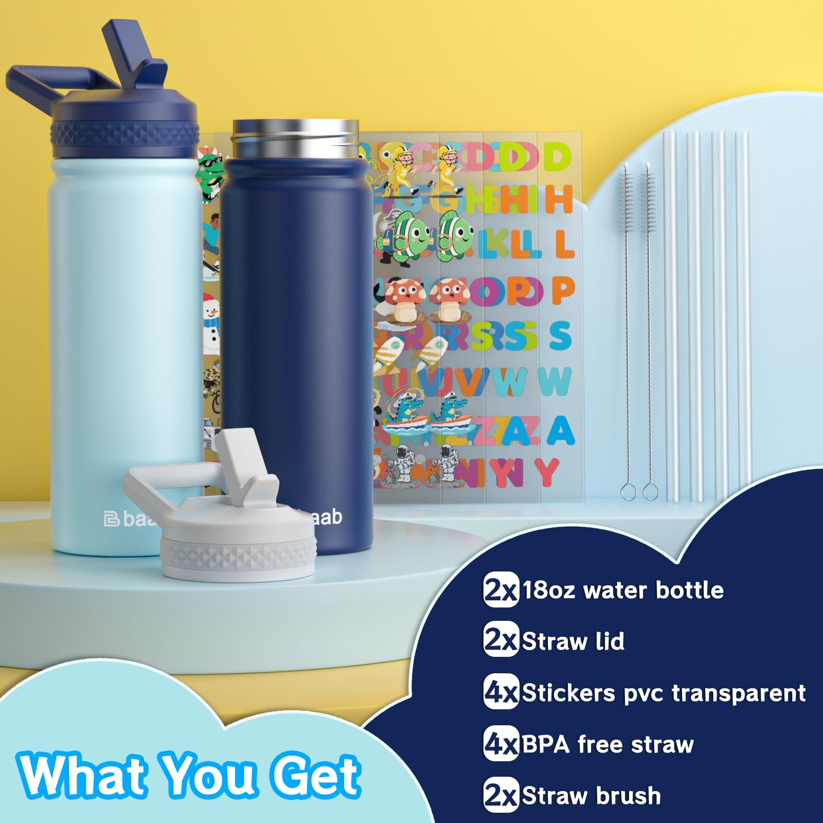 baab 18oz Kids Water Bottle, Insulated Water Bottle with Straw & Stickers, 18/8
