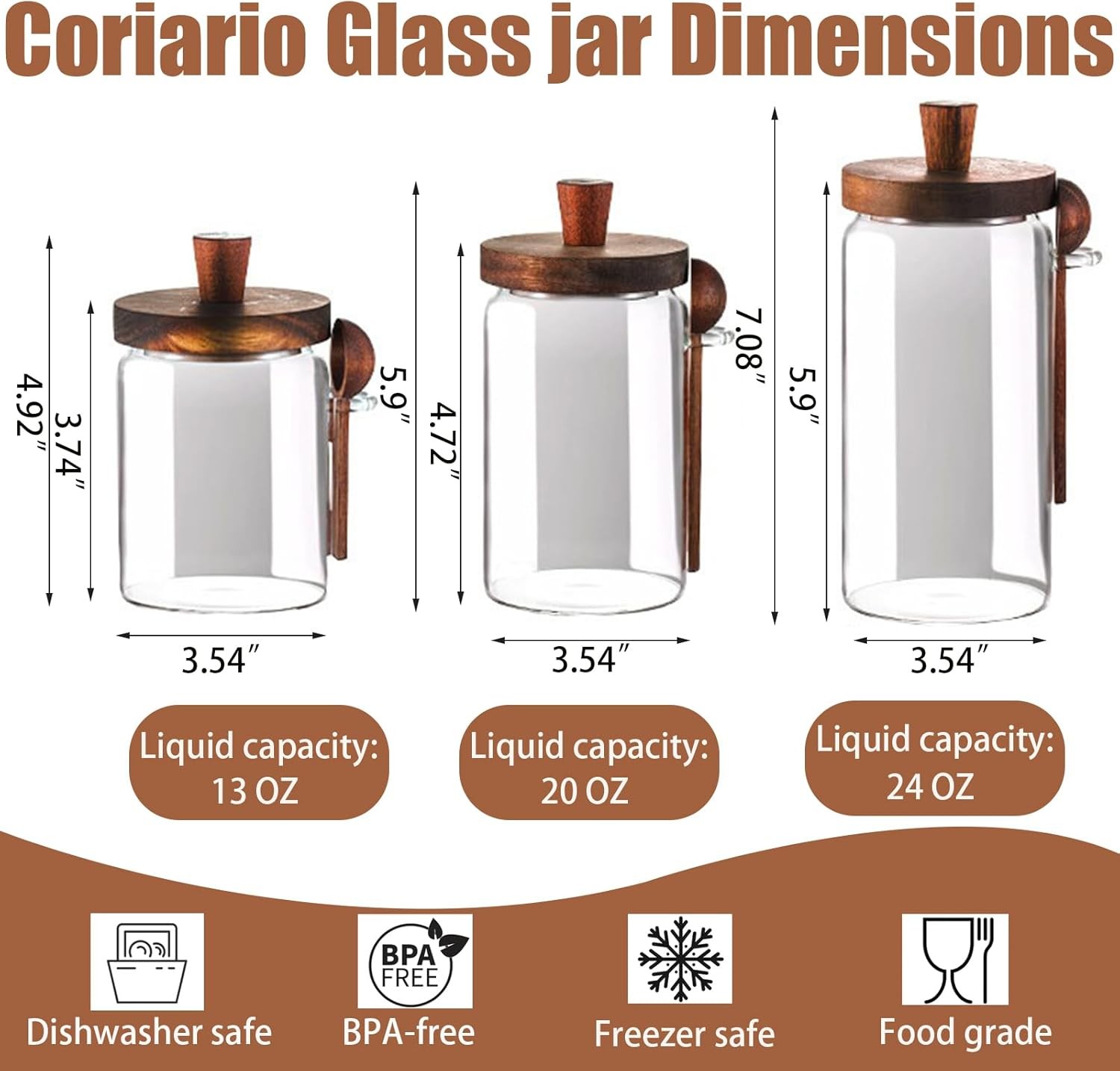 Glass Jar with Lid and Spoon 13&20&24 OZ Coffee Tea Sugar Canister Set of 3