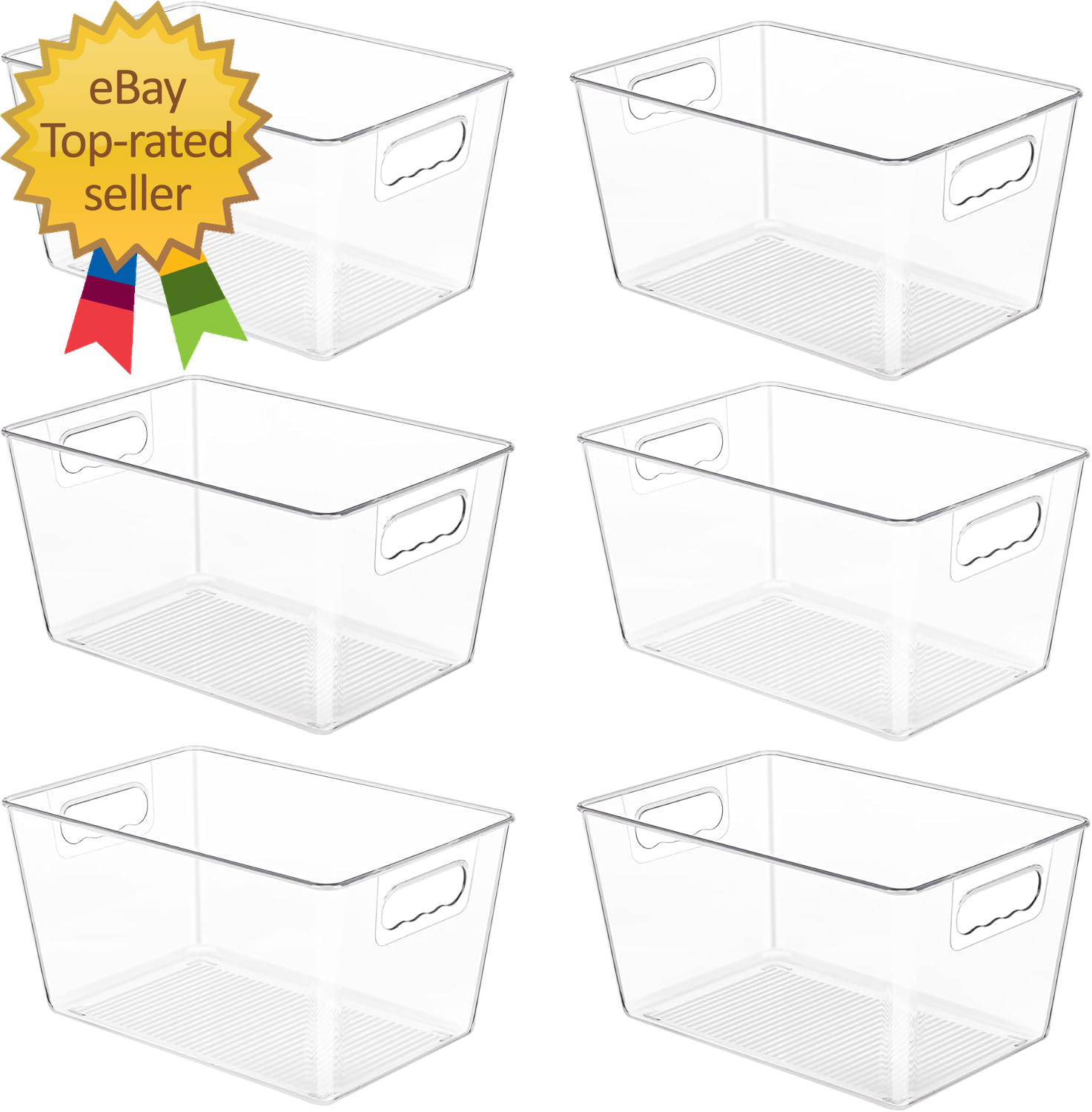 6 Pack Clear Pantry Organizer Bins Plastic Containers with Handle for Kitchen