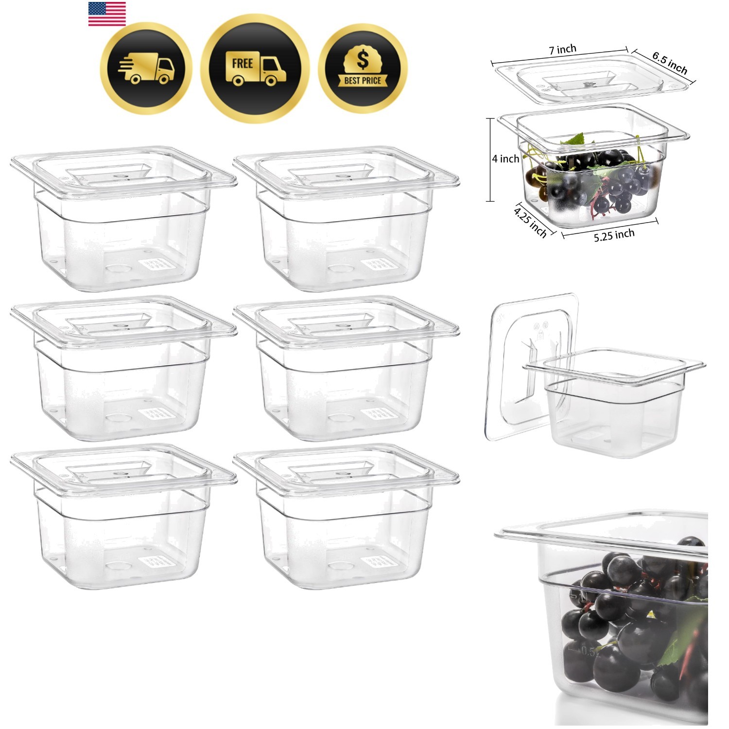 6 Pack 1/6 Size Plastic Clear Food Pans with Lids for Kitchen Restaurant Food…