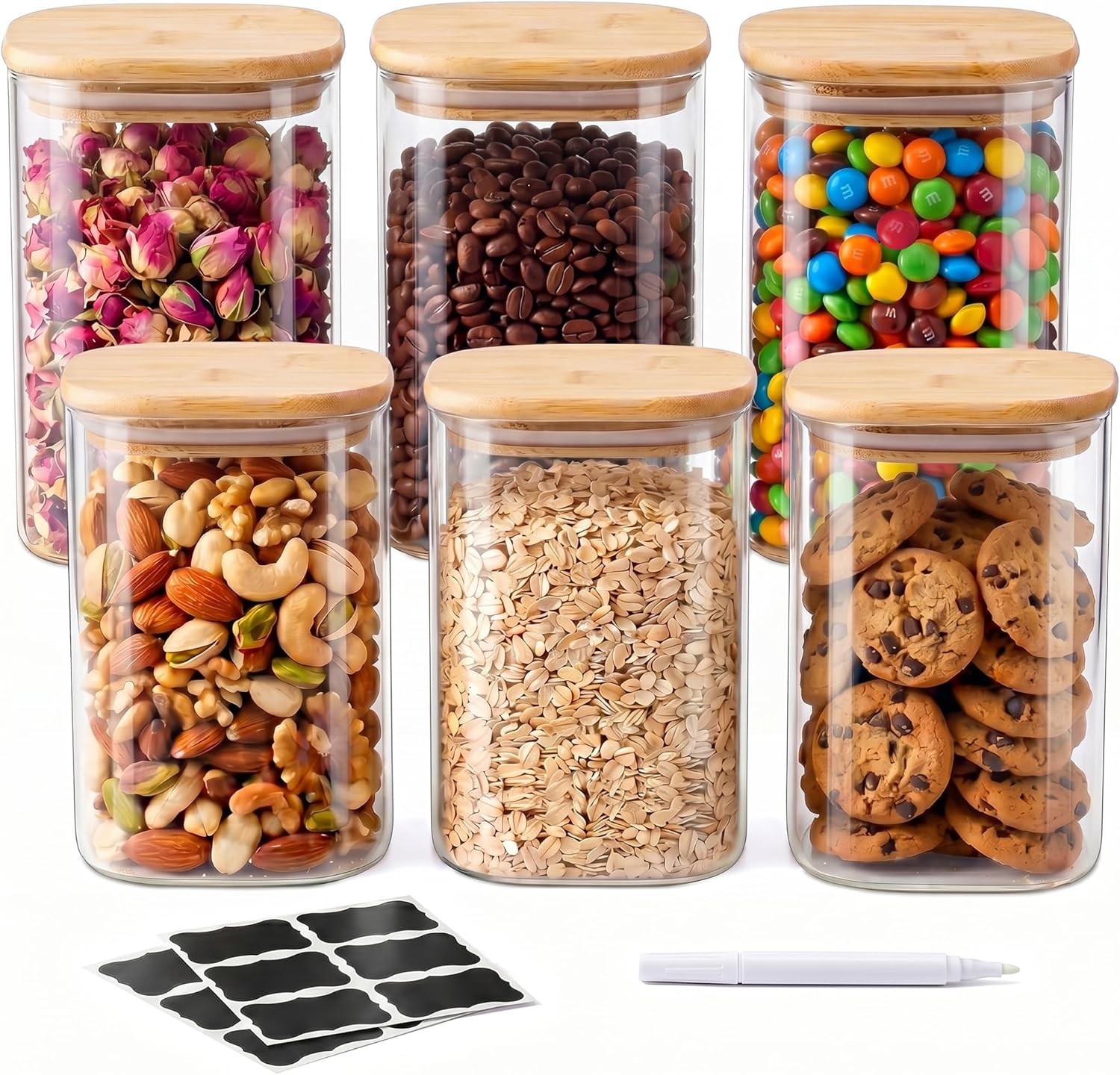 37 Oz Glass Storage Jars with Bamboo Lids – 6 Pack Clear Glass Canisters Square