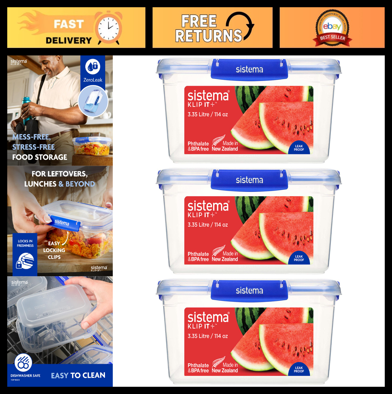 Airtight Stackable Food Storage Containers 3-Pack, 3.35L, BPA-Free, Microwave Sa