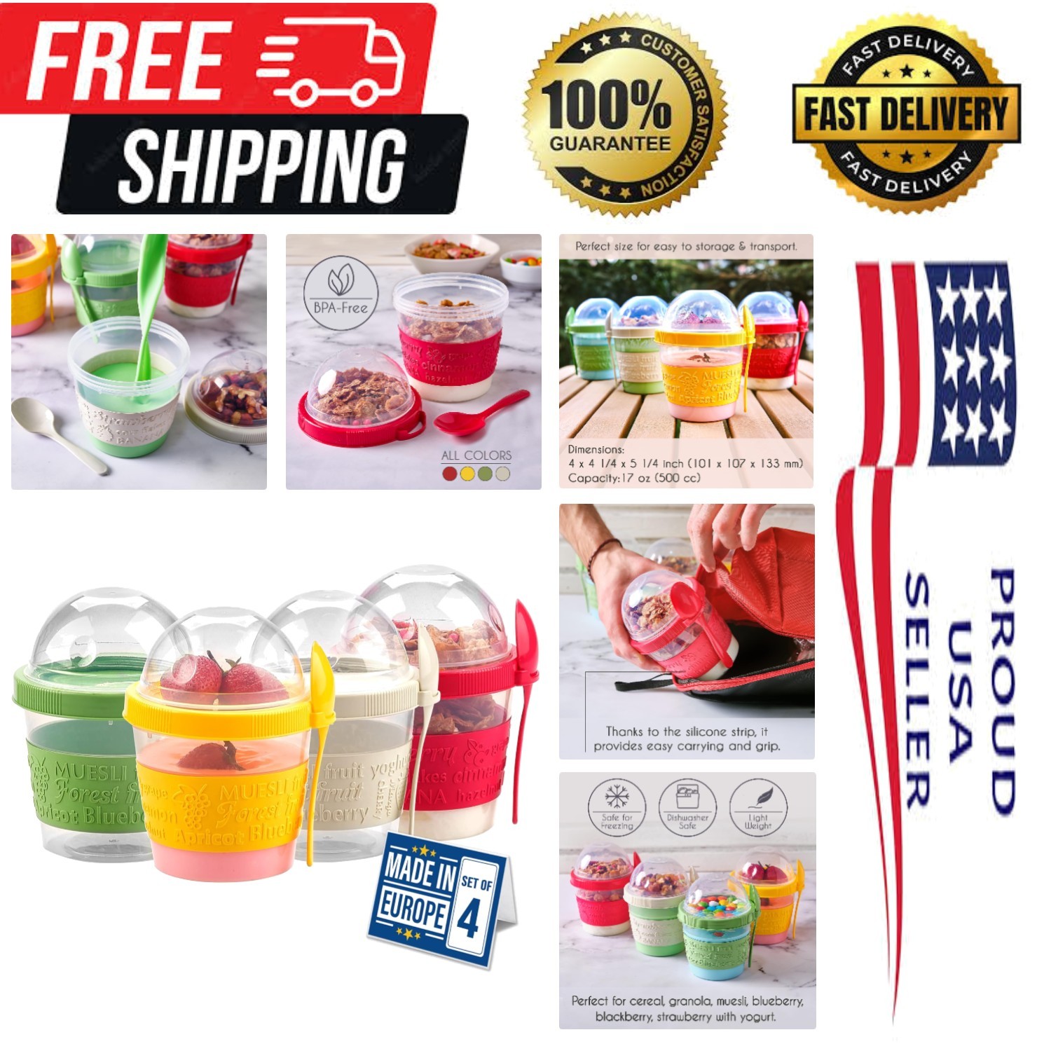 4 Pack 17 oz On The Go Yogurt Parfait Cups with Lids, Mini Breakfast On the G…