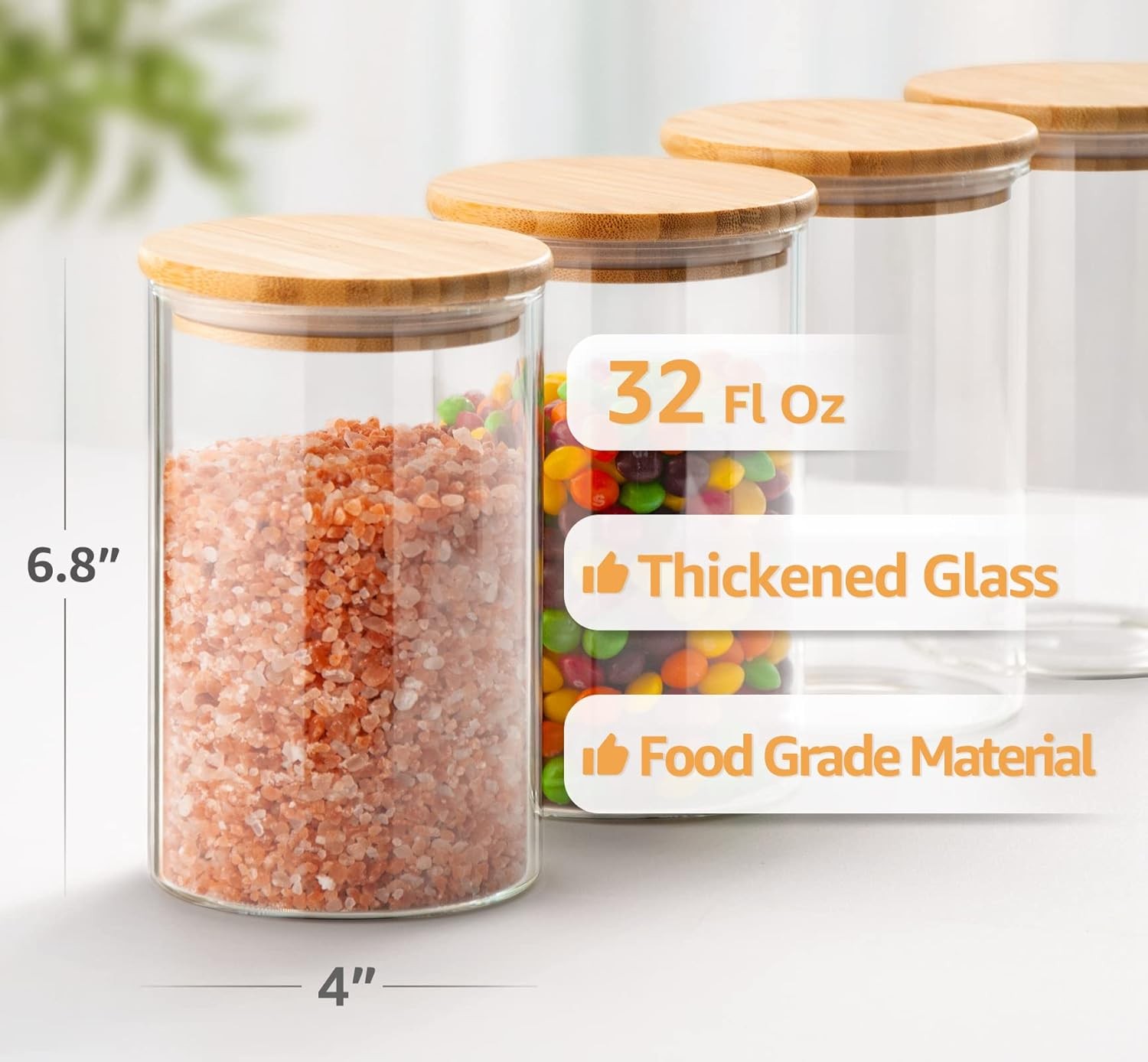 32 FL Oz Glass Jars with Bamboo Lid Set, 4Pack UPGRADE Thick Glass Pantry