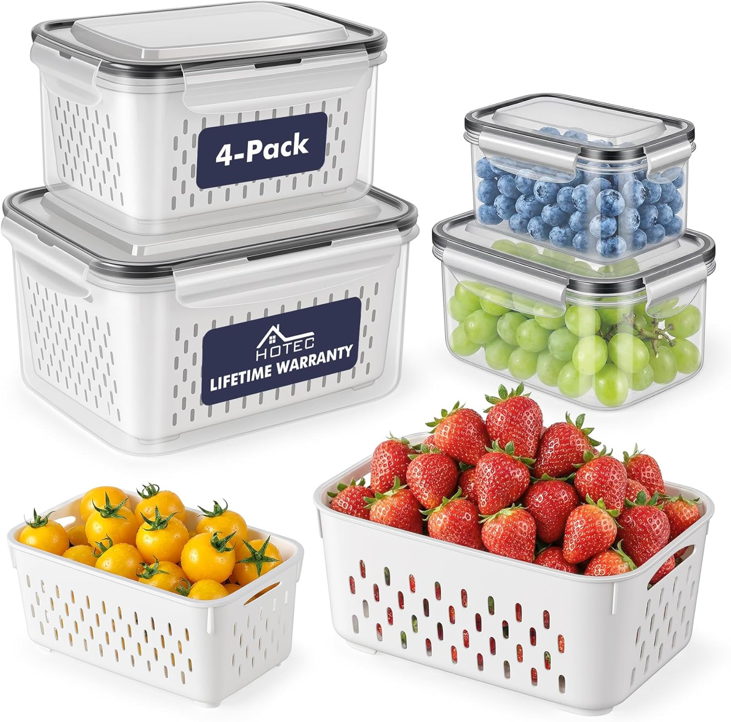 4-Pack Large Fruit Storage Container for Fridge Leak Proof with Removable Coland