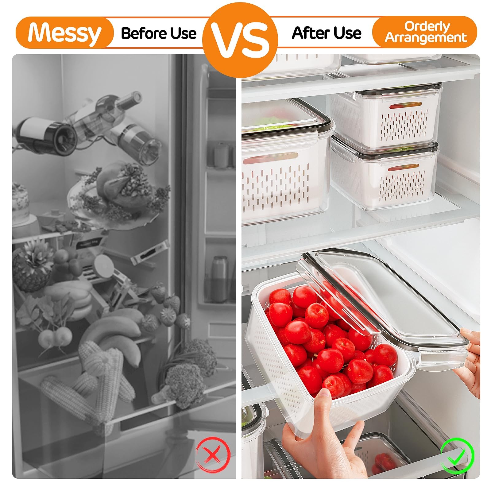 5-Pack Fruit Storage Containers for Fridge with Removable Colanders, 5P white