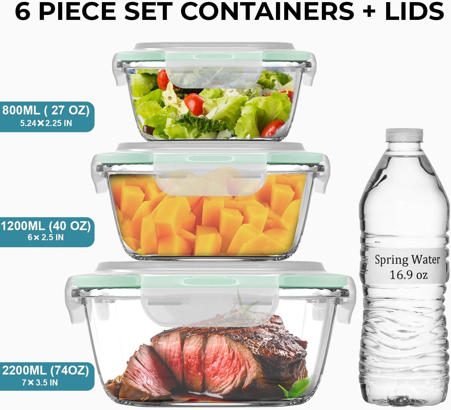 6 PC Square Glass Food Storage Containers W/ Airtight lids 74 40 & 18 oz Kitchen