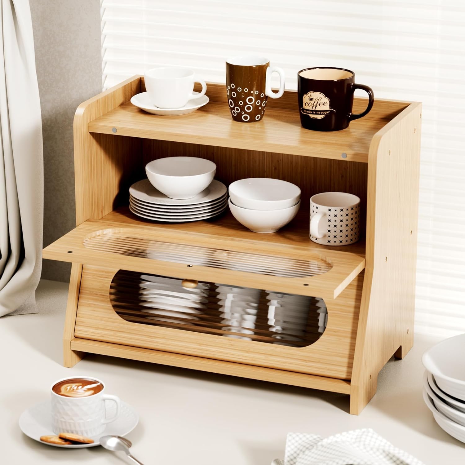 Bread Box,Extra Large 2-Tier Bamboo Bread Box for Kitchen Countertop,Bread