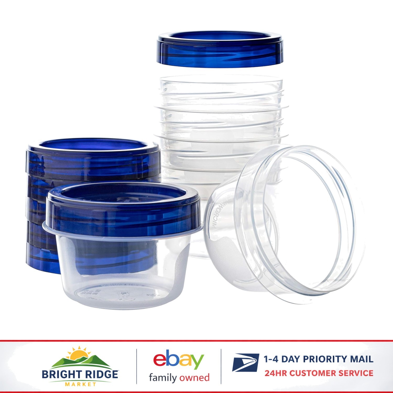 Clear Round Deli Containers with Blue Twist Lids for Food Storage 6 Count