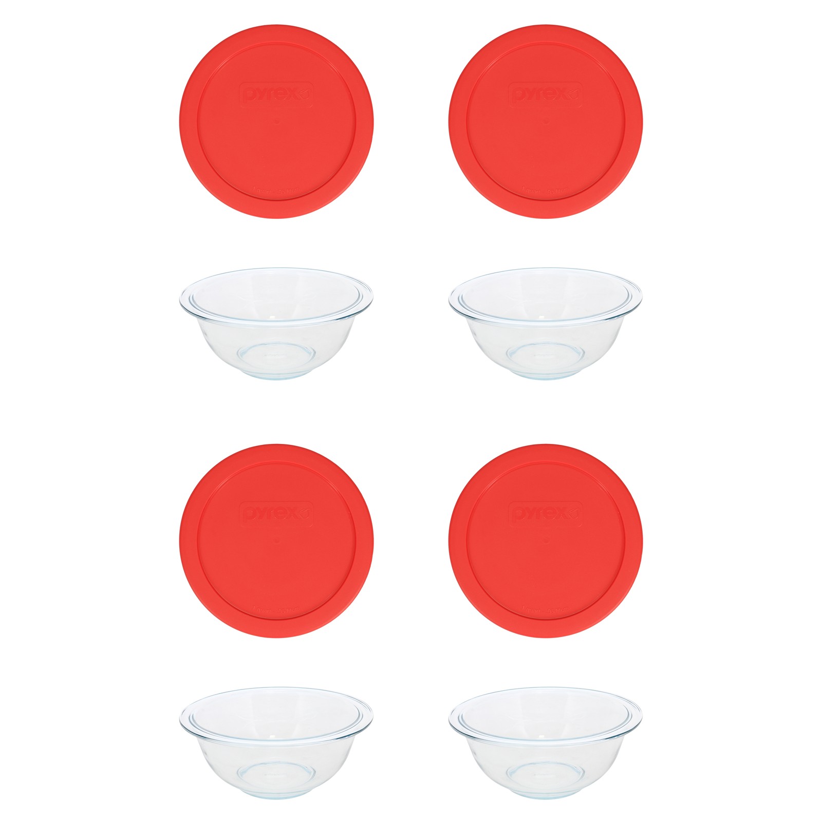 Pyrex (4) 322 1qt Glass Mixing Bowls and (4) 322-PC 1qt Red Mixing Bowl Lids