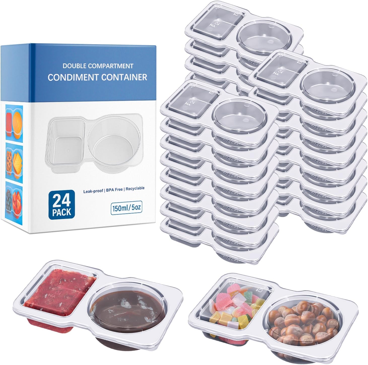 Double Compartment Snack Containers with Lids 24 Pack Reusable Plastic Snackle B
