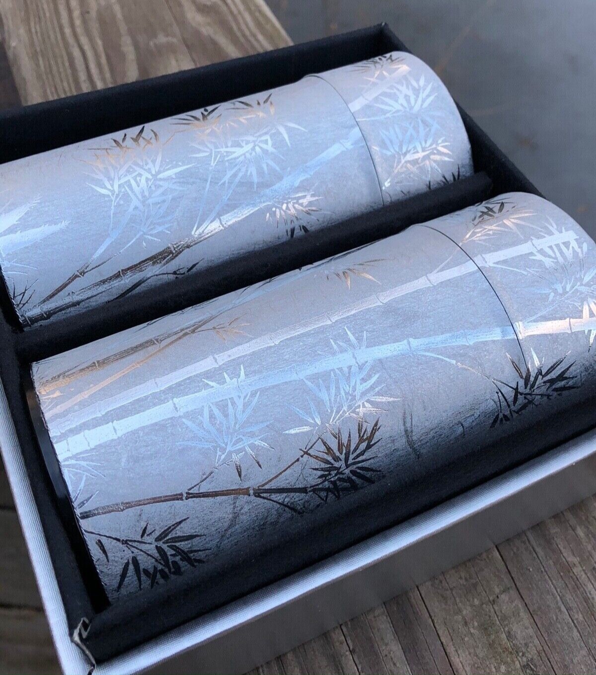 Boxed Set of two tin containers with lids silver rice paper bamboo motif -Japan 