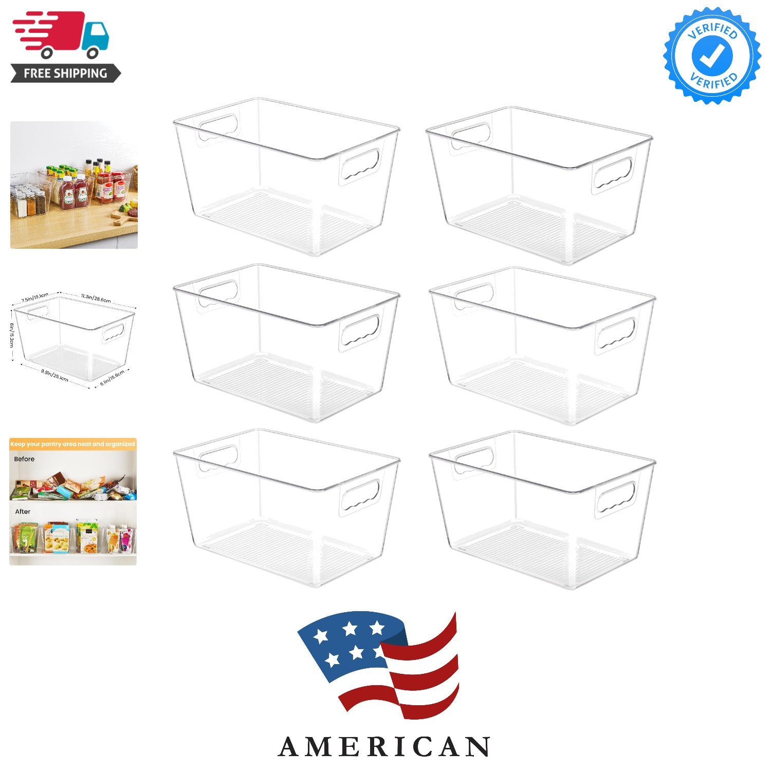 6 Pack Clear Pantry Organizer Bins, Plastic Containers with Handle for Kitche…