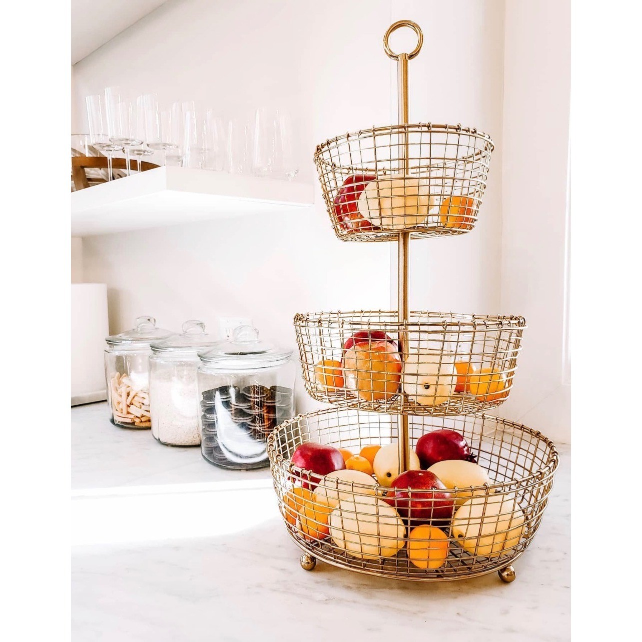 Bendt 3-Tier Iron Fruit Basket Wire Stand Rose Gold Modern Farmhouse Kitchen