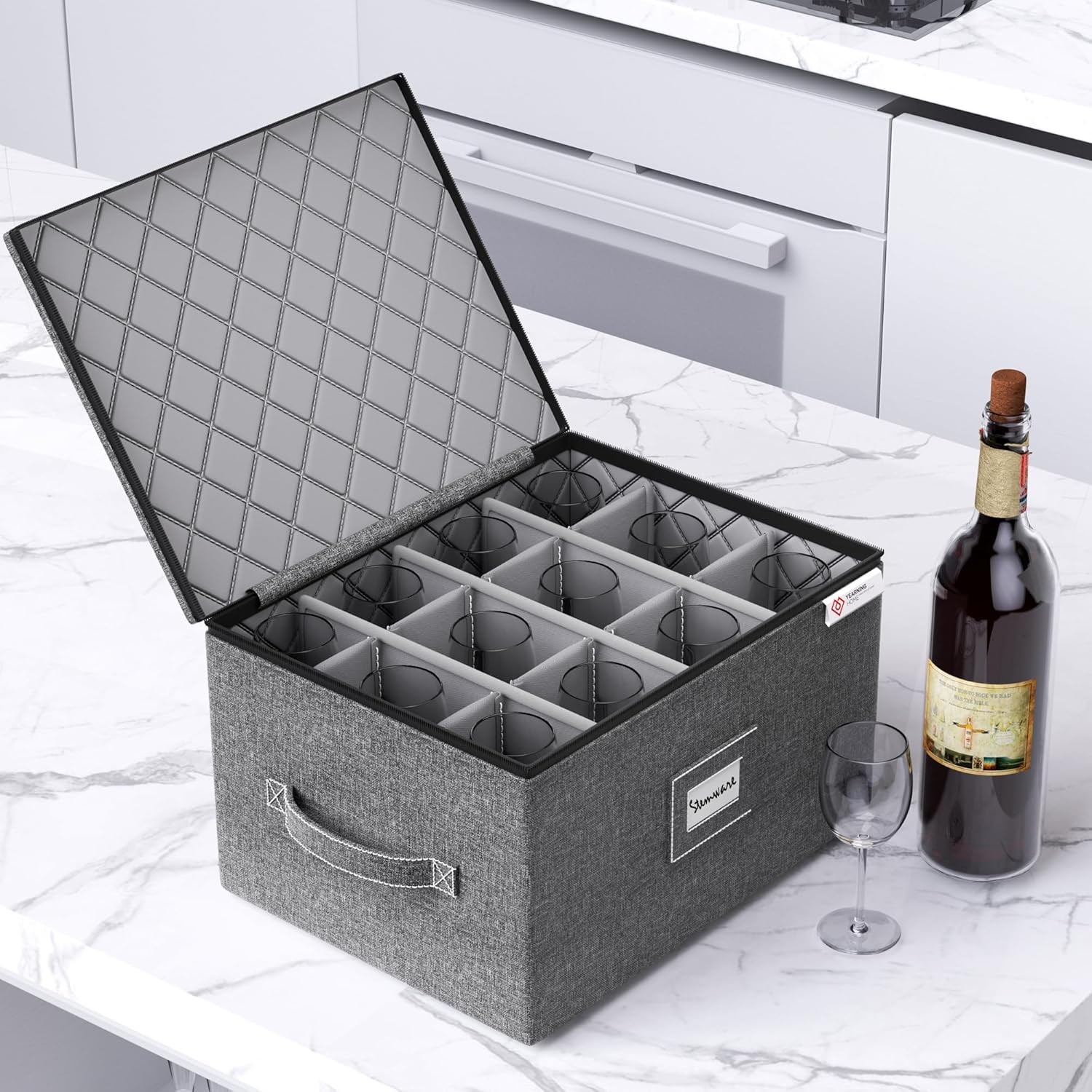 2 Pack Wine Glass Storage Box with Dividers,Stemware Storage Cases with Sturdy