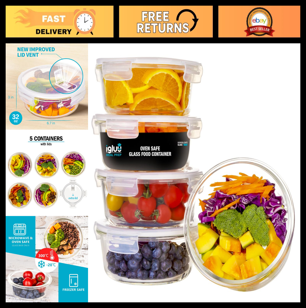 5 Pack Meal Prep Glass Containers with Air Vent Lids – Airtight, BPA-Free, 32oz