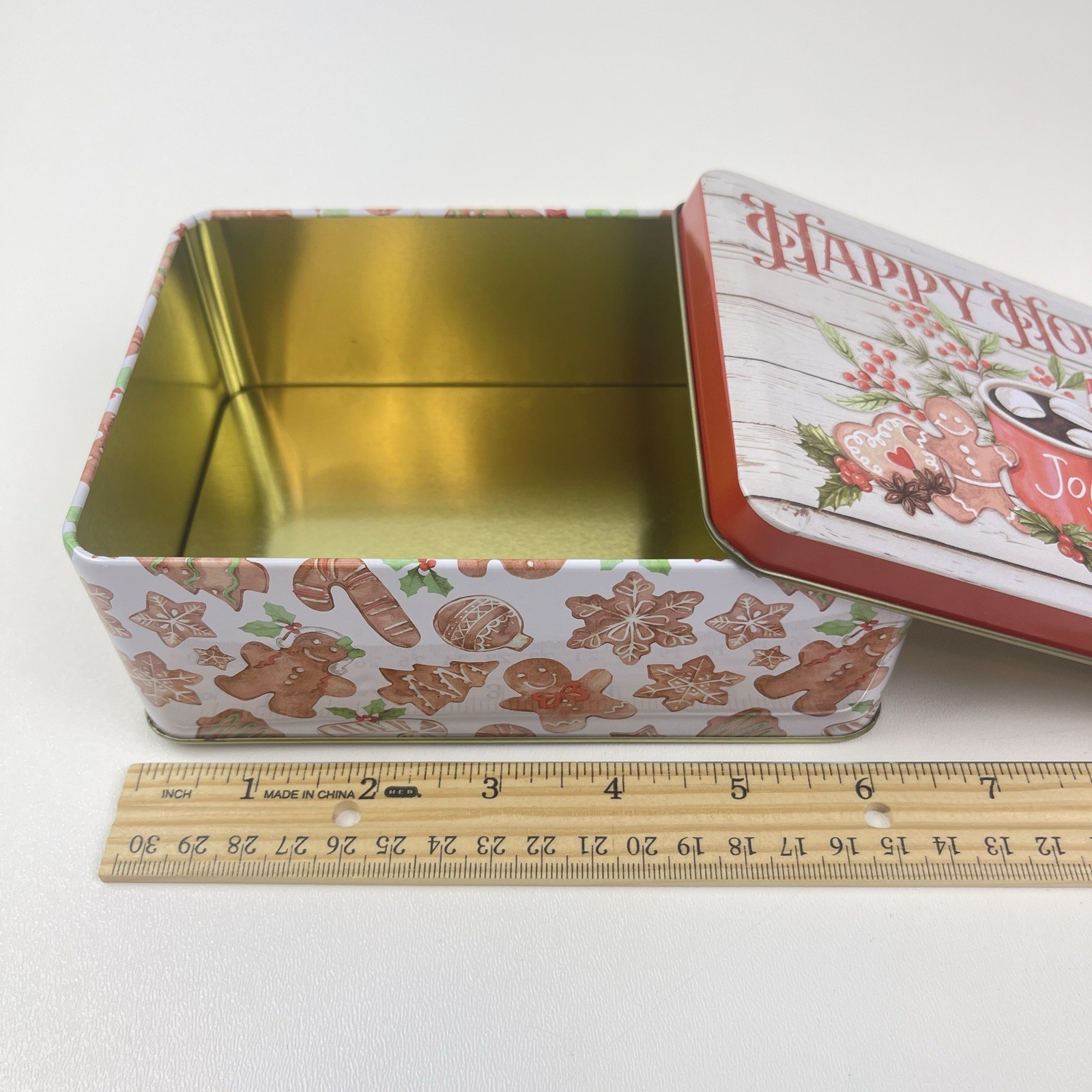 Happy Holidays Rectangle Metal Tin Canister Cookie Box Bin Container Empty
